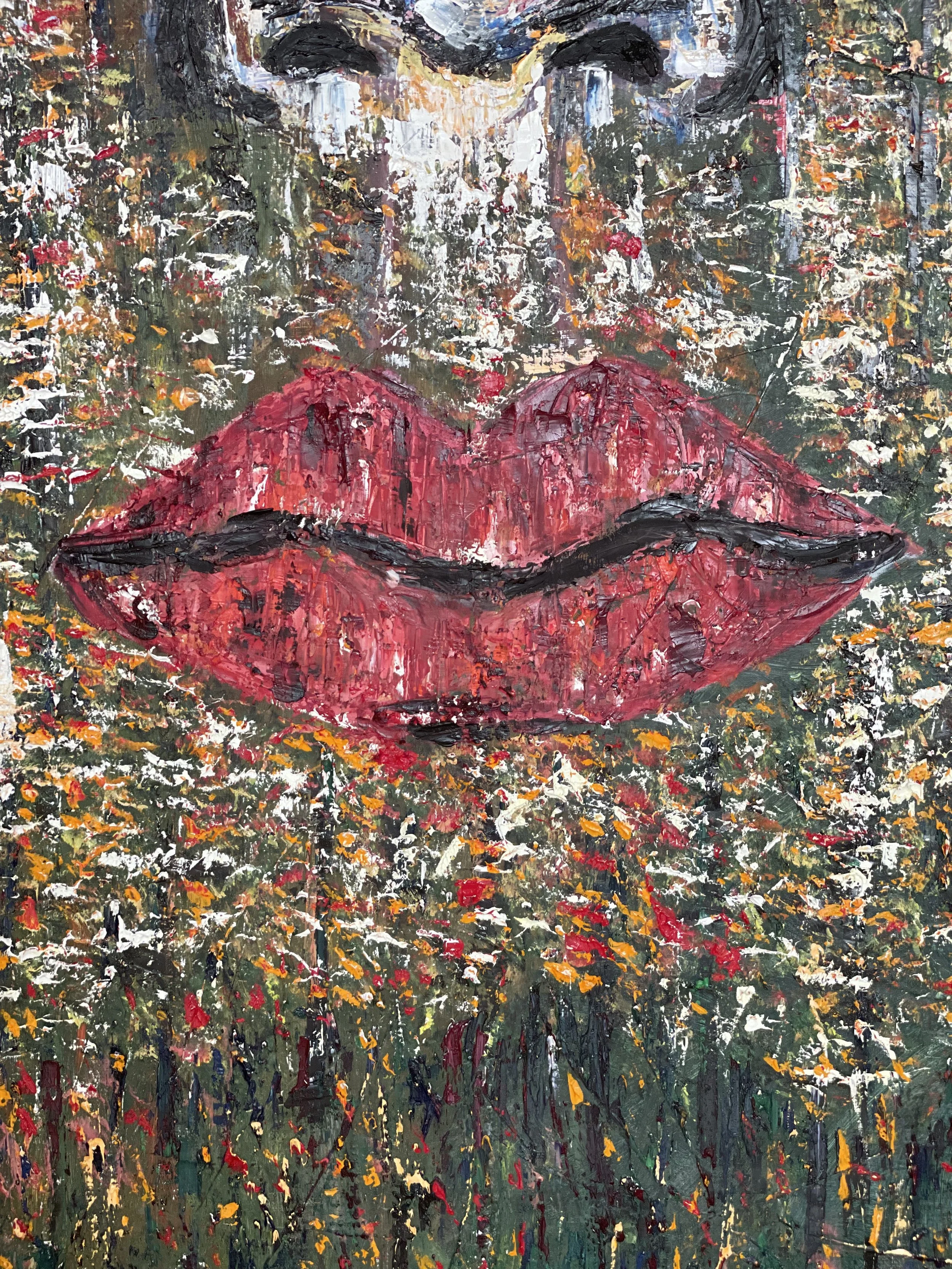 Abstract painting of bright pink lips on a multicolored textured background with splashes of white, orange, red, and black.