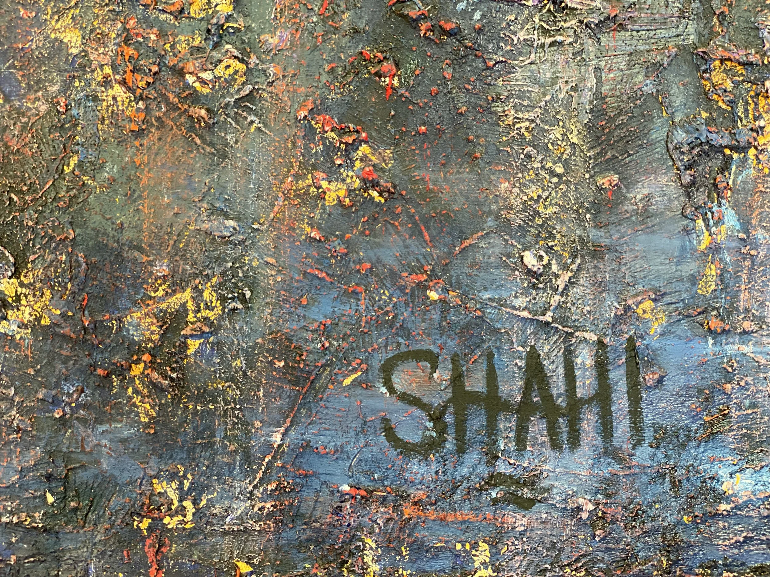 Close-up of an abstract textured painting with splashes of yellow, red, blue, and black paint, and the name 'SHALI' spray-painted in black.