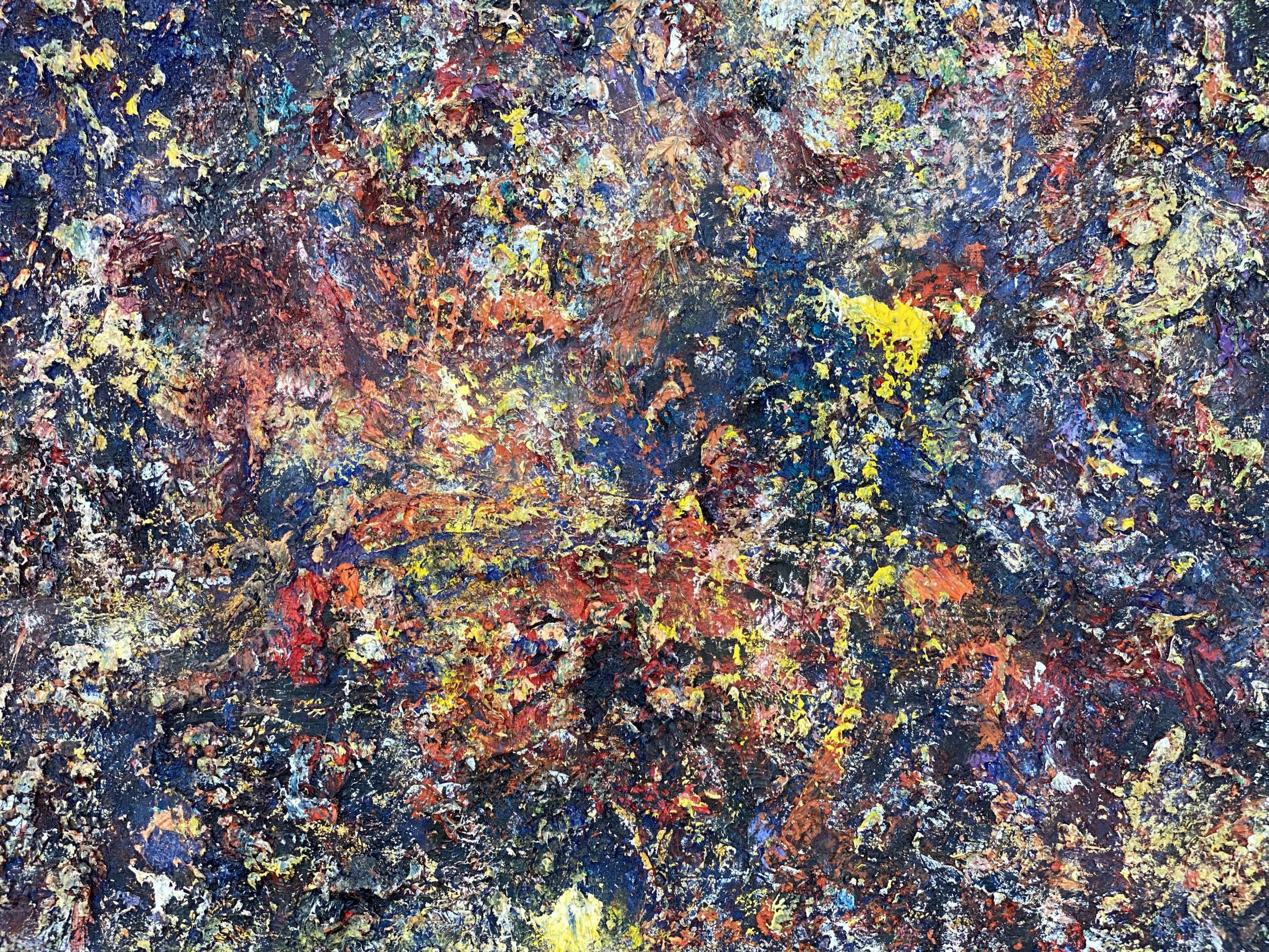 Abstract painting with thick splatters of vibrant colors including red, yellow, blue, black, and white, creating a textured and chaotic surface.