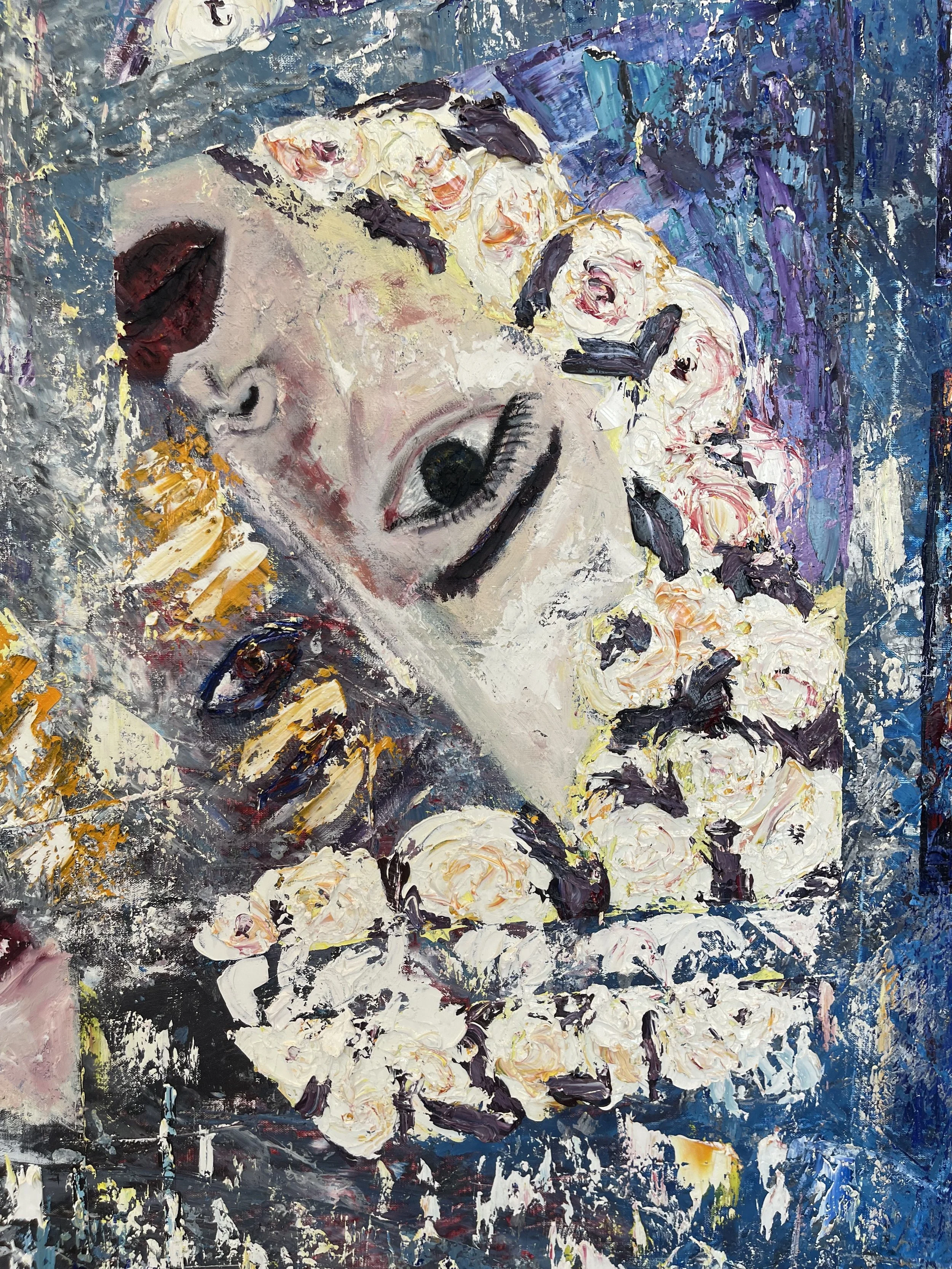 An abstract painting of a smiling woman wearing a flower crown with white roses and dark leaves, surrounded by textured brushstrokes in various colors.