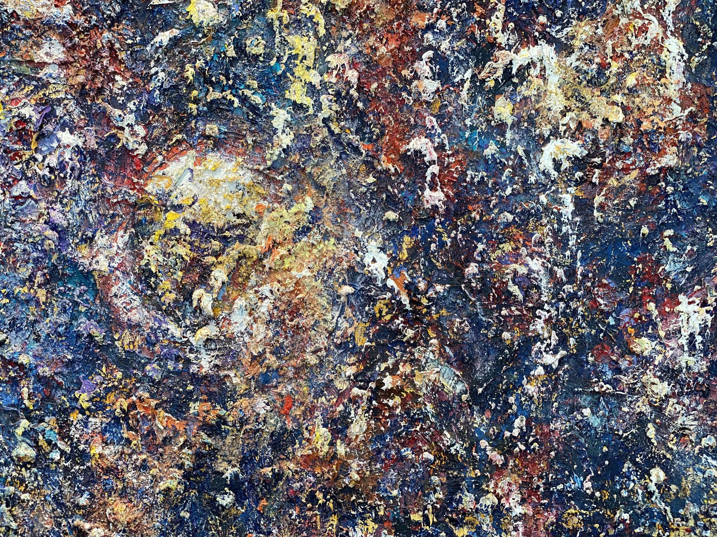 Abstract expressionist painting with thick, textured layers of colorful paint including yellow, white, pink, purple, blue, and black.