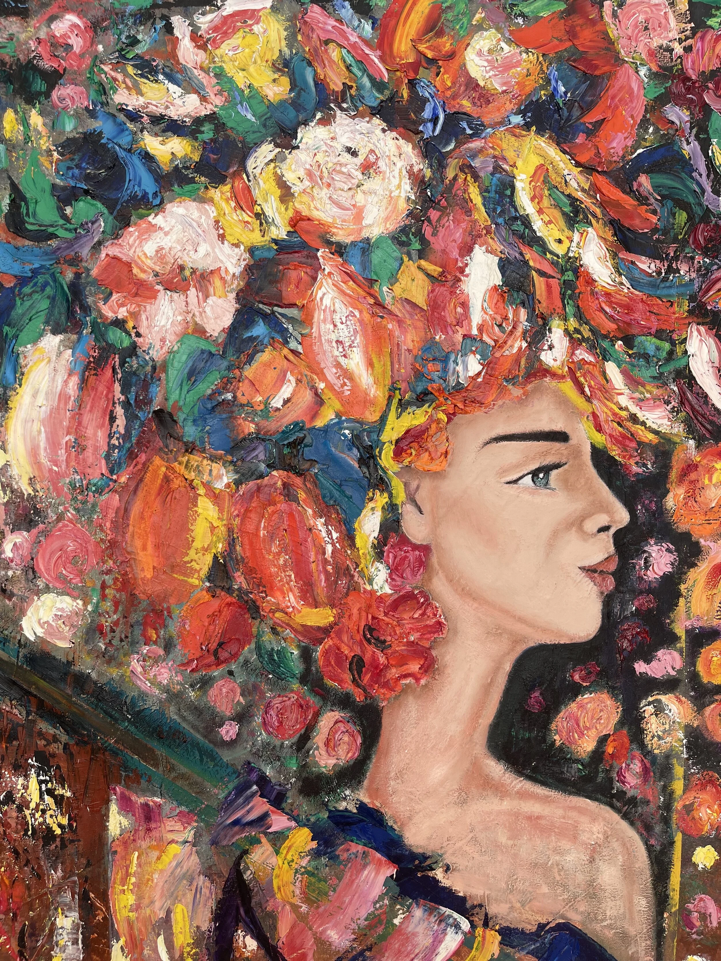 A colorful abstract painting of a woman with a floral headdress featuring various painted flowers in bright colors, with her face in profile.