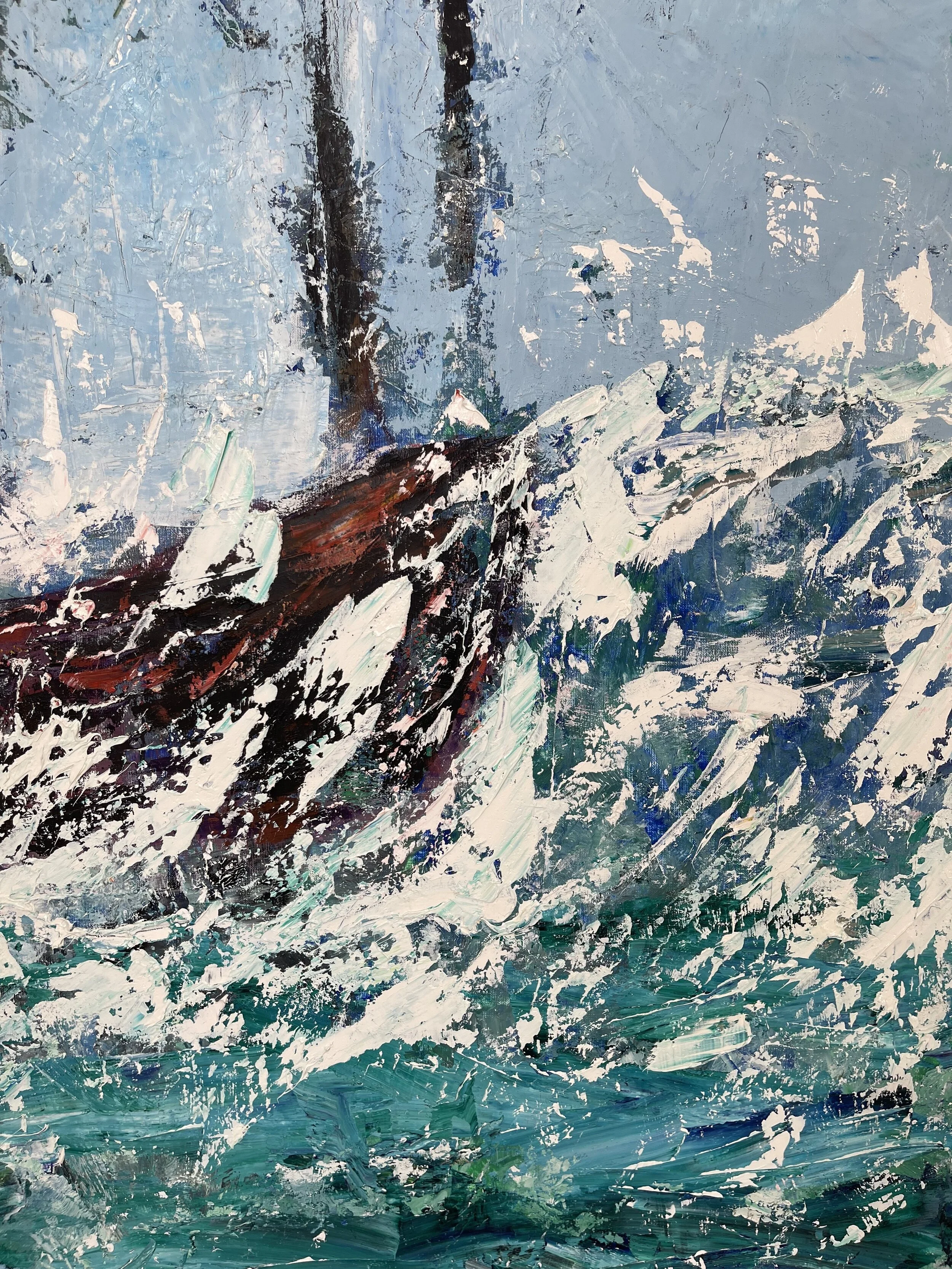 Abstract painting of a boat on stormy ocean waves with splashes of white, blue, green, and dark colors.