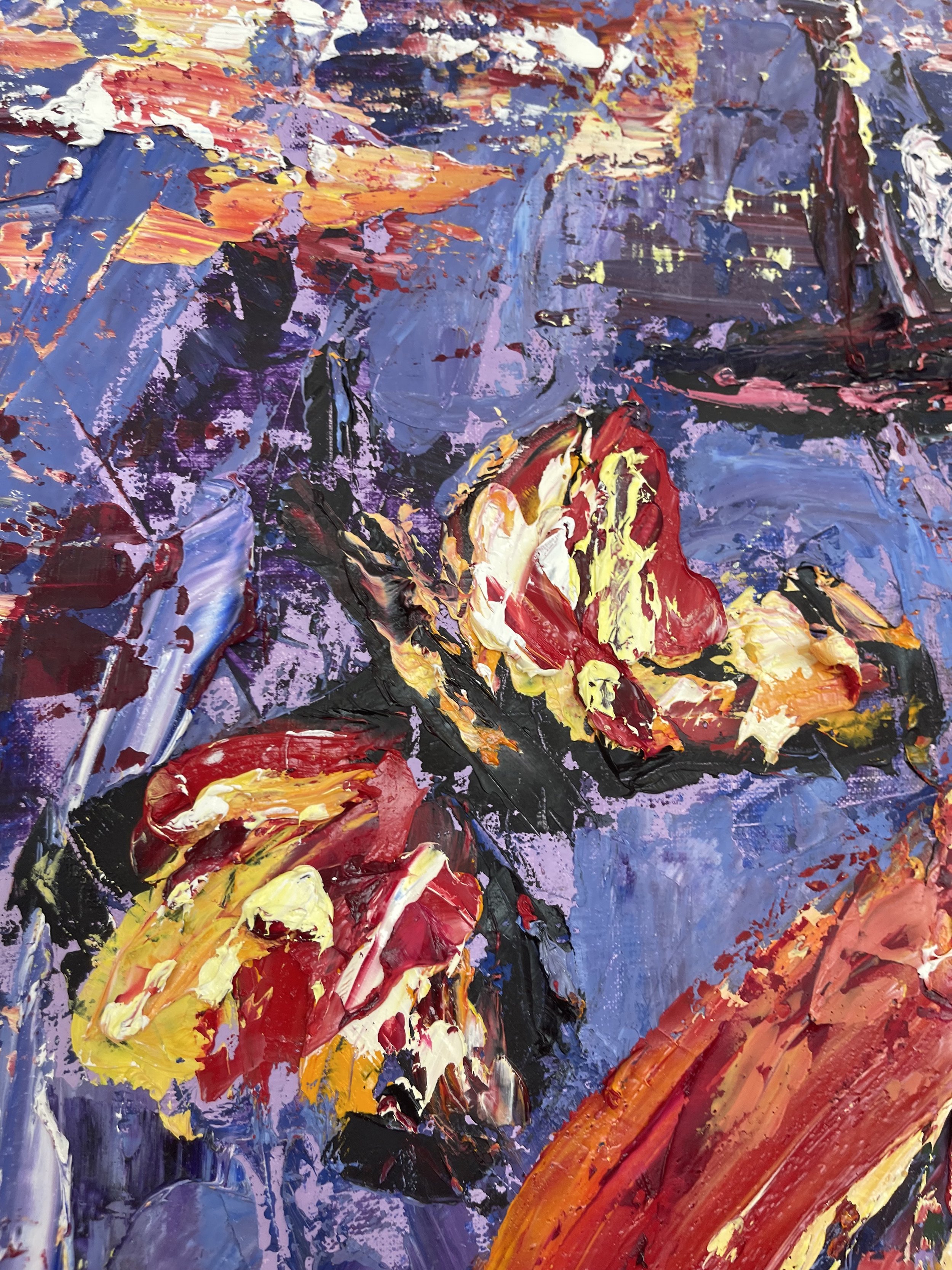 Abstract painting with thick, textured strokes of red, yellow, black, purple, blue, and orange, creating a vibrant, layered composition.