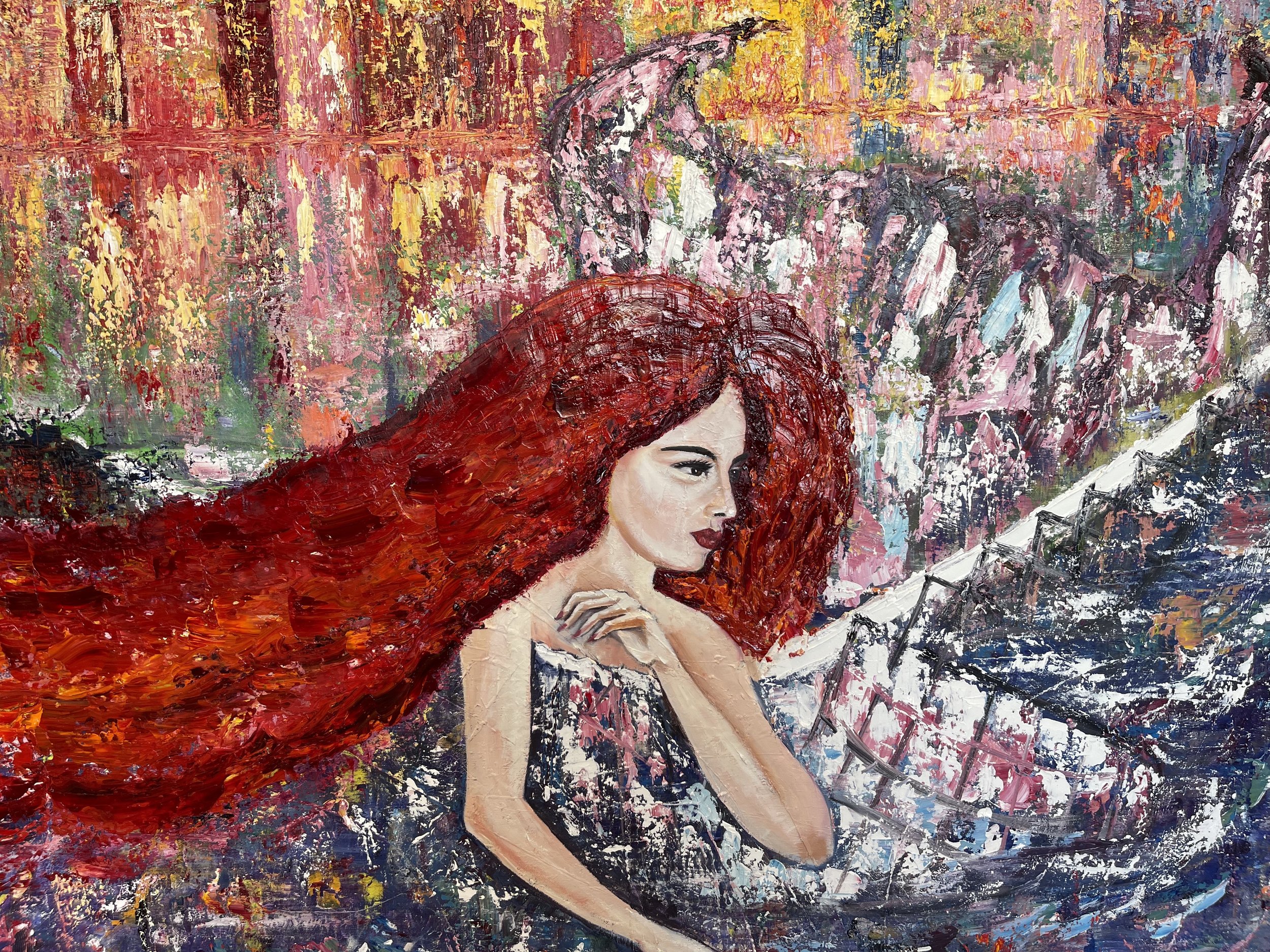 An abstract painting of a woman with long red hair, using bold brushstrokes and vibrant colors, with a background of pink, orange, and blue hues.