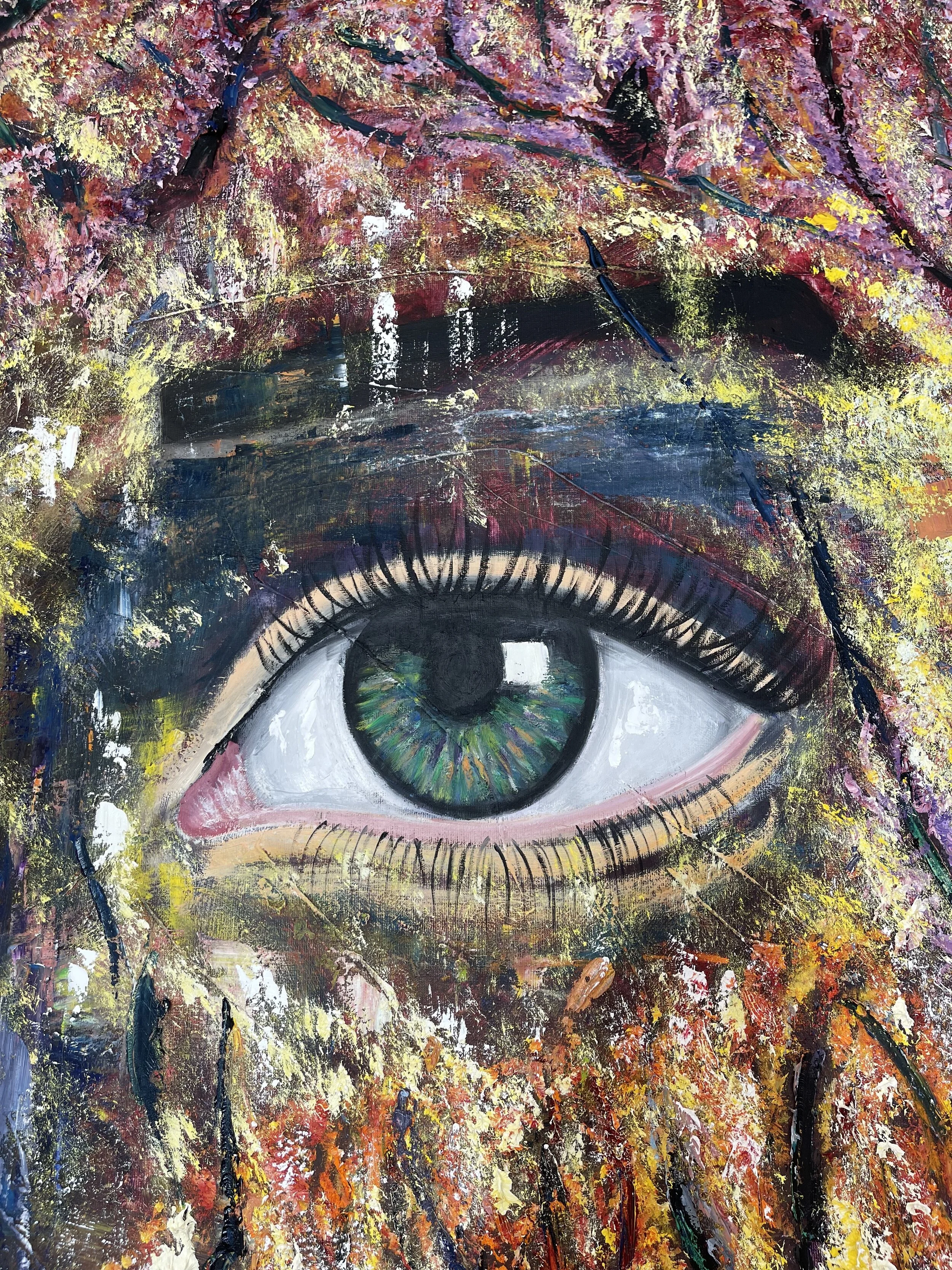 A detailed, colorful painting of a human eye surrounded by abstract splashes of yellow, purple, black, and red paint.