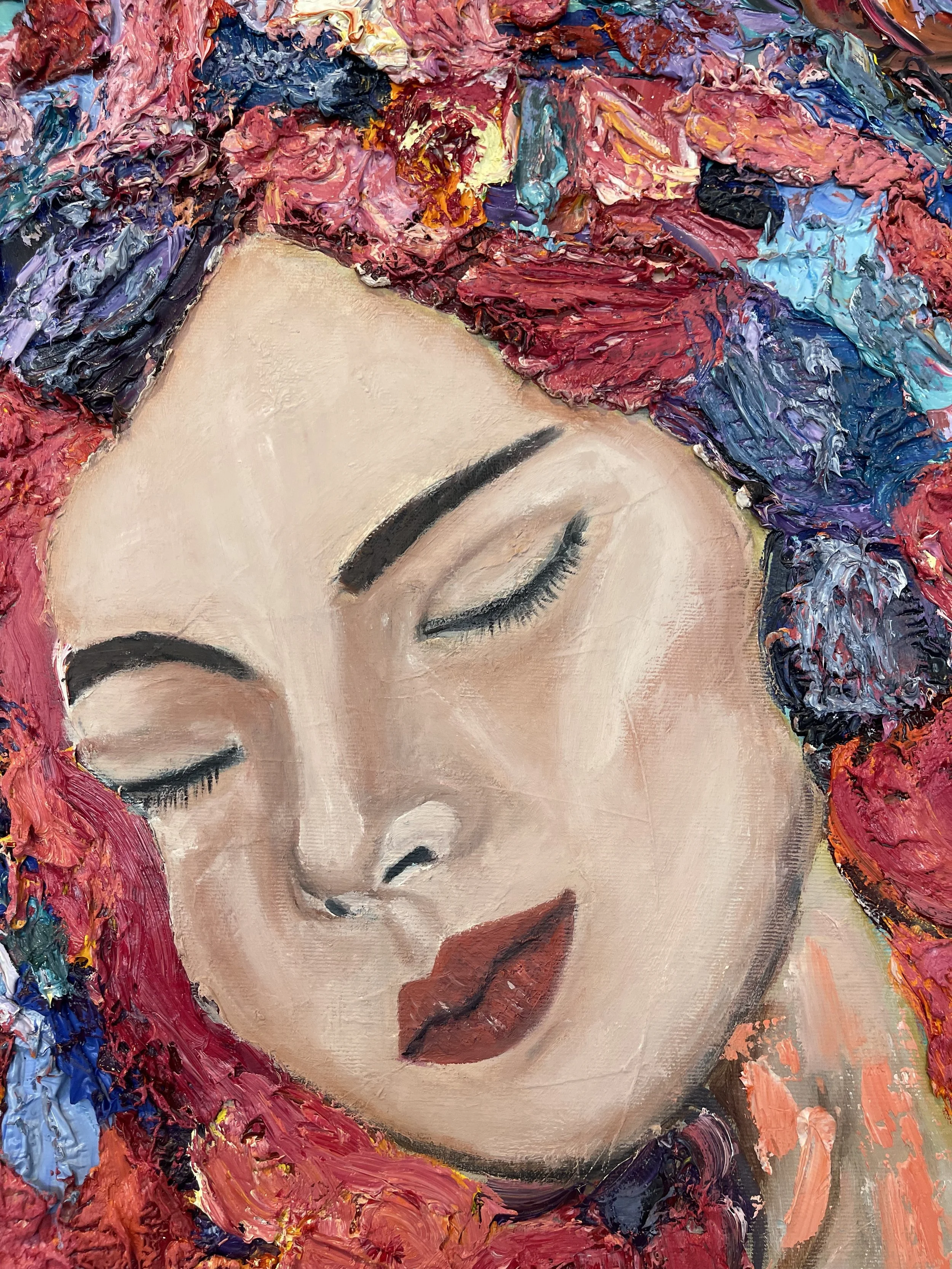 A close-up portrait of a woman with closed eyes and bold makeup, surrounded by colorful textured flowers painted in an impressionistic style.