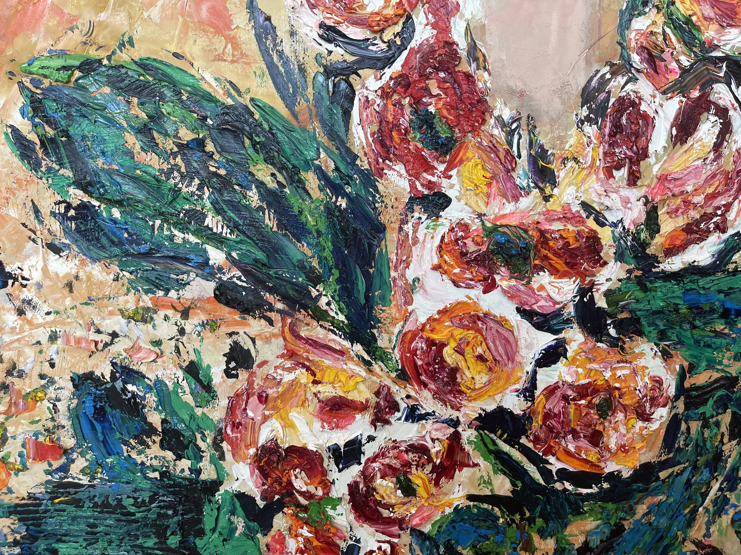 Abstract oil painting of a bouquet with pink, red, orange, and white flowers and green leaves, created with thick, textured brushstrokes.
