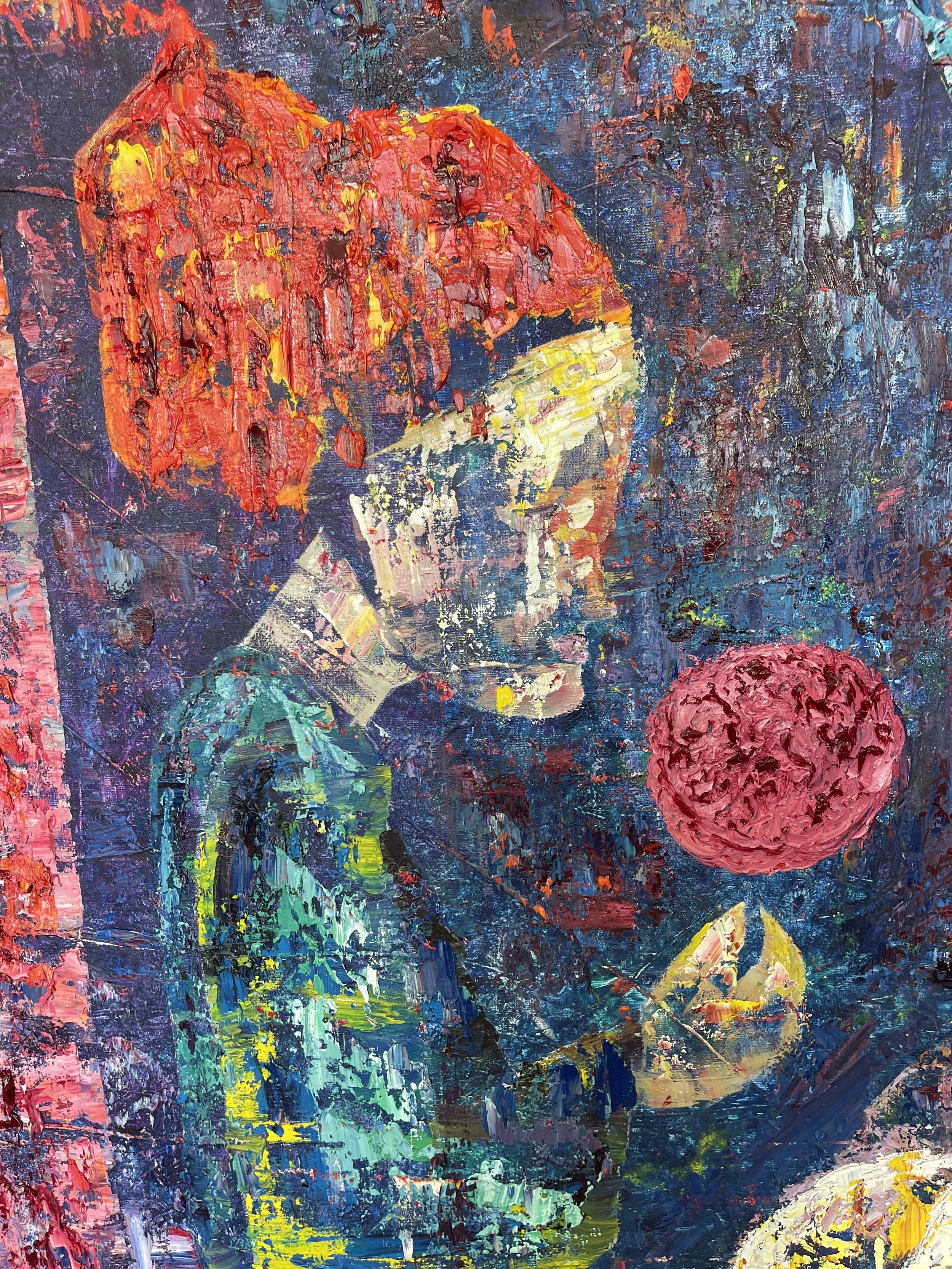 An abstract painting of a businessman with red hair wearing a suit, holding a red object, with colorful brush strokes and textured background.