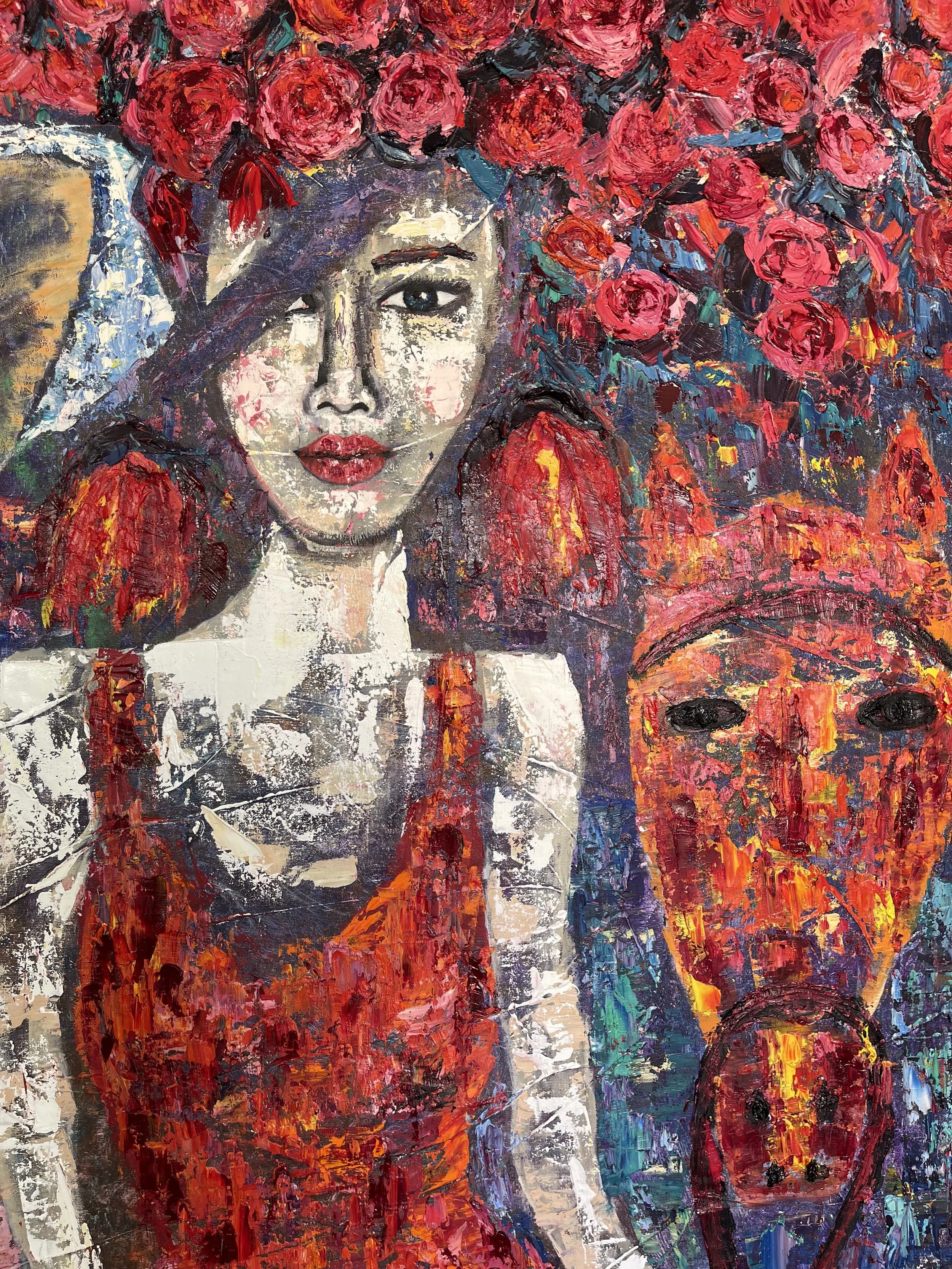 A colorful abstract painting of a woman with dark hair, red lipstick, and red earrings, surrounded by an explosion of red and pink roses, and accompanied by a smaller masked face and a skull.