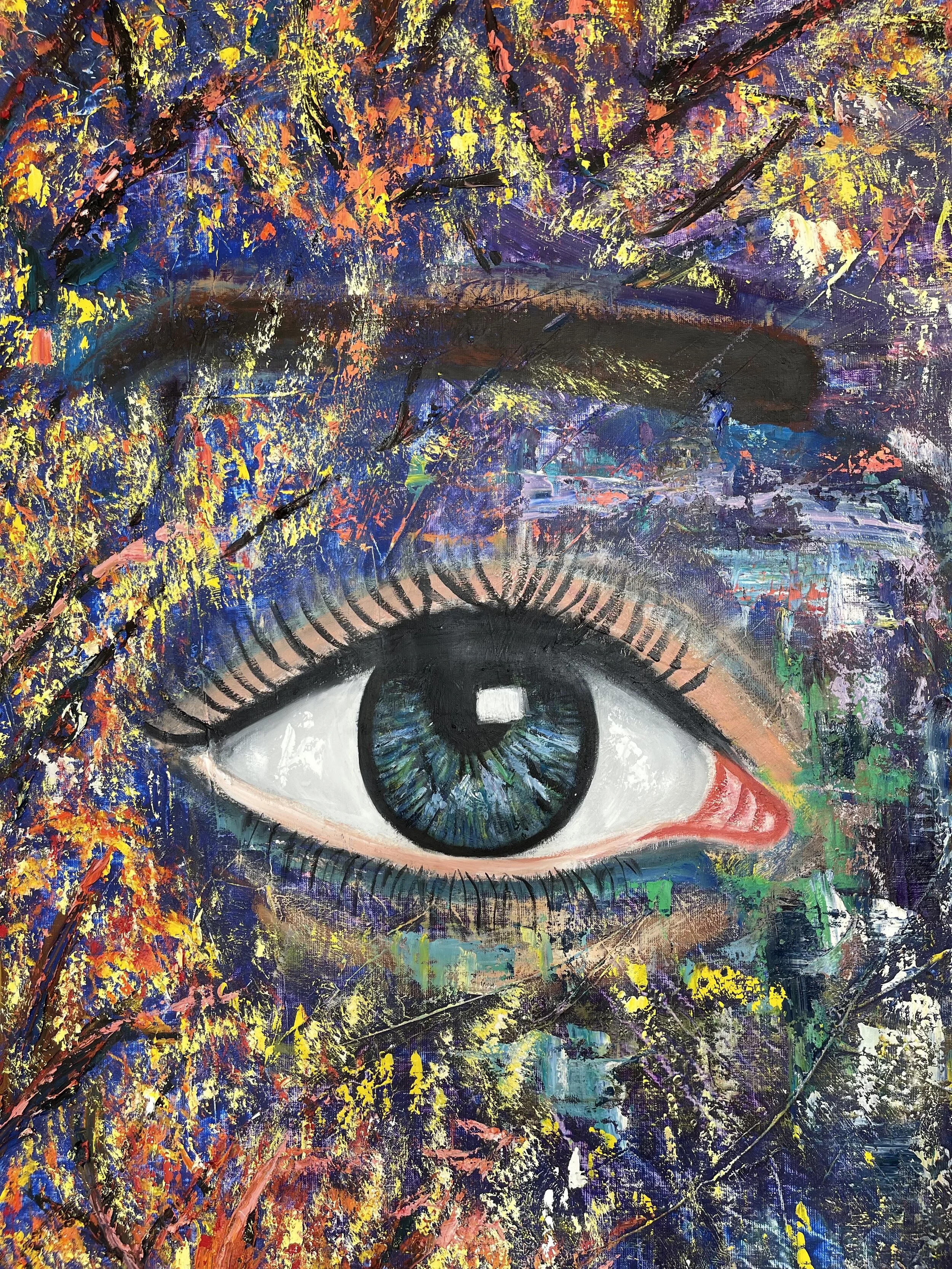A colorful abstract painting of a human eye with intricate details and vivid, expressive brushstrokes.