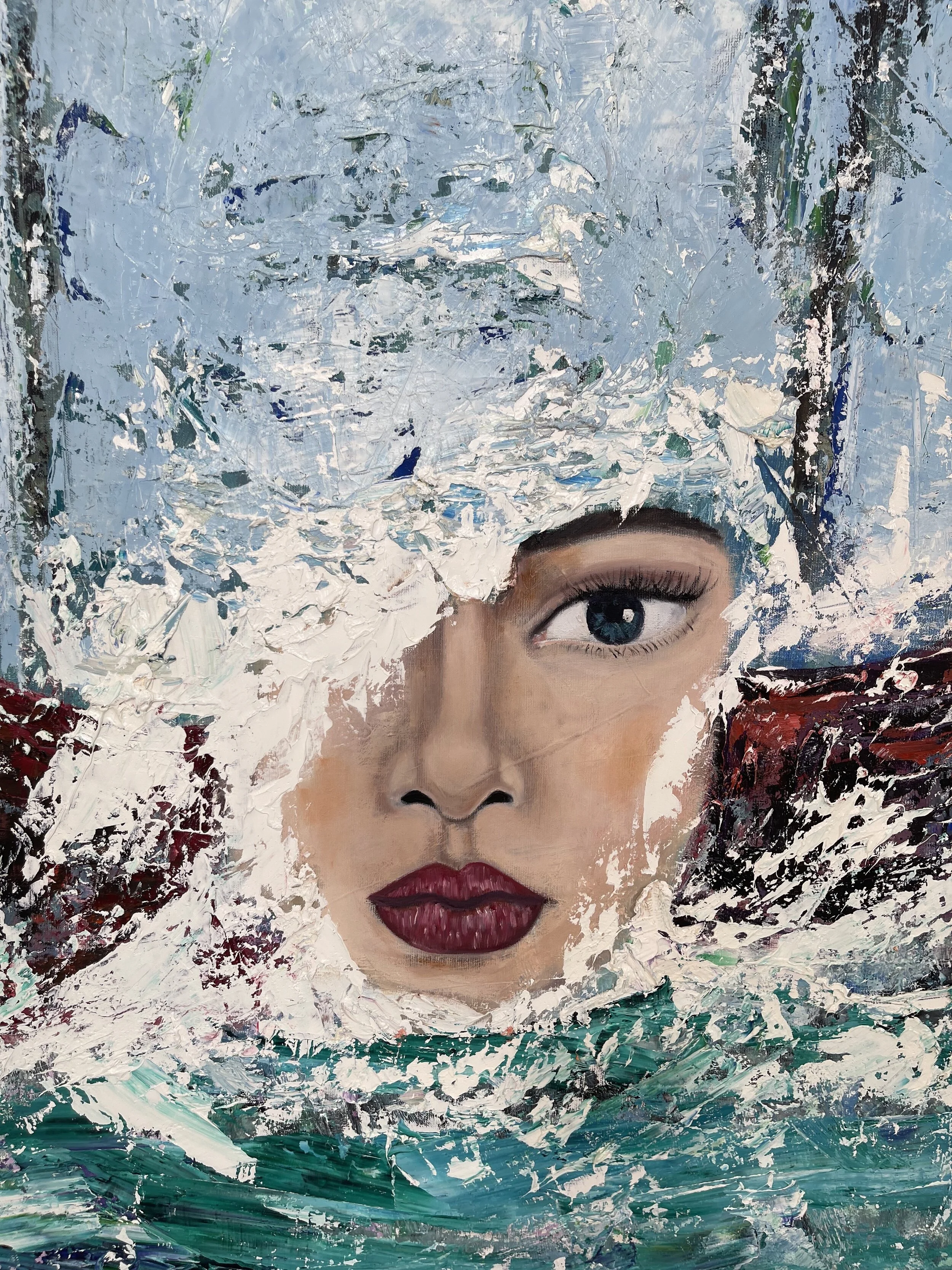 Abstract painting of a woman's face with dark eyes and bold lips, partly obscured by thick layers of textured white and blue paint.