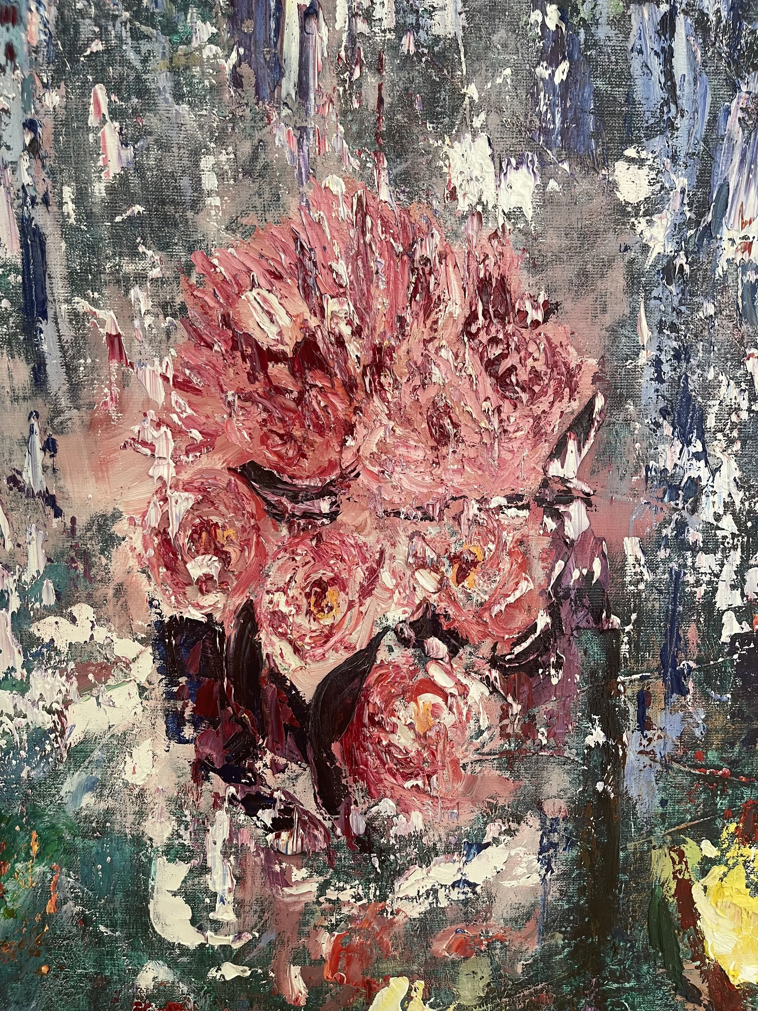 Abstract impressionist painting of pink roses with dark leaves against a textured background.