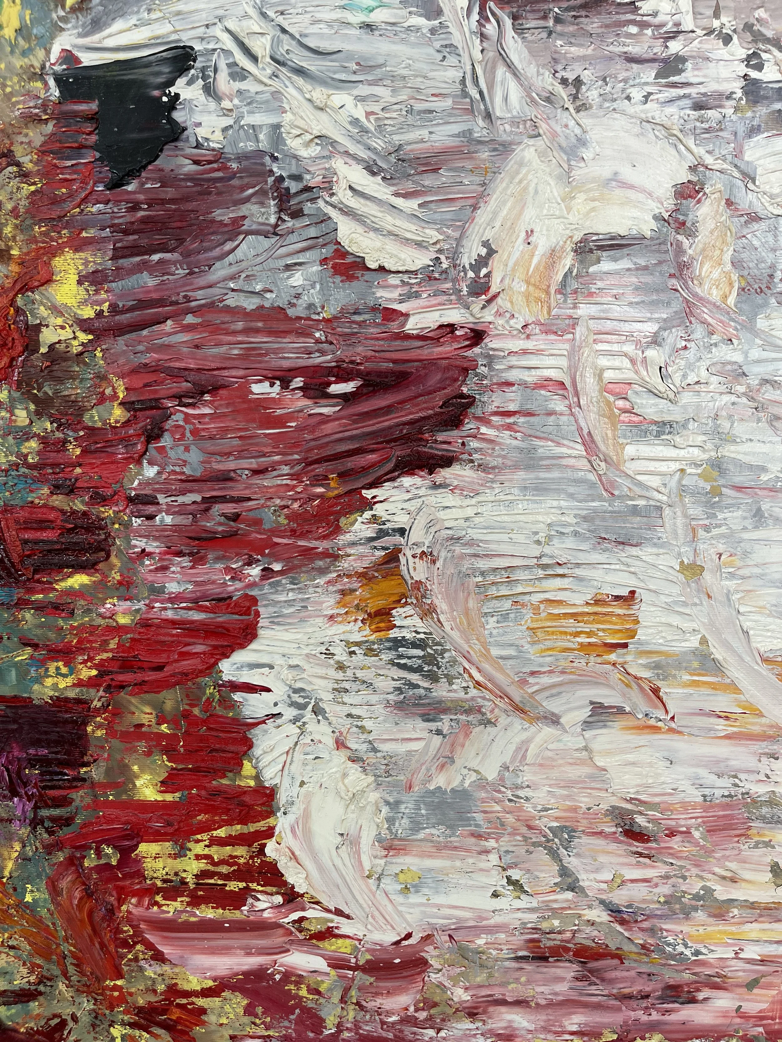 Abstract expressionist painting with thick, textured brushstrokes in shades of red, white, black, gold, and hints of yellow and purple.