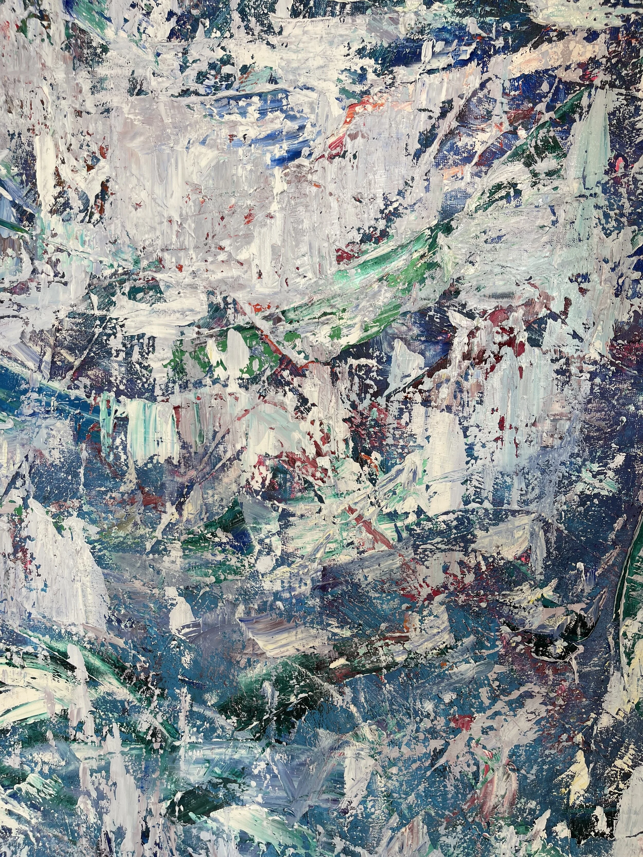 Abstract painting with thick brushstrokes and a mix of white, blue, green, red, and black colors.