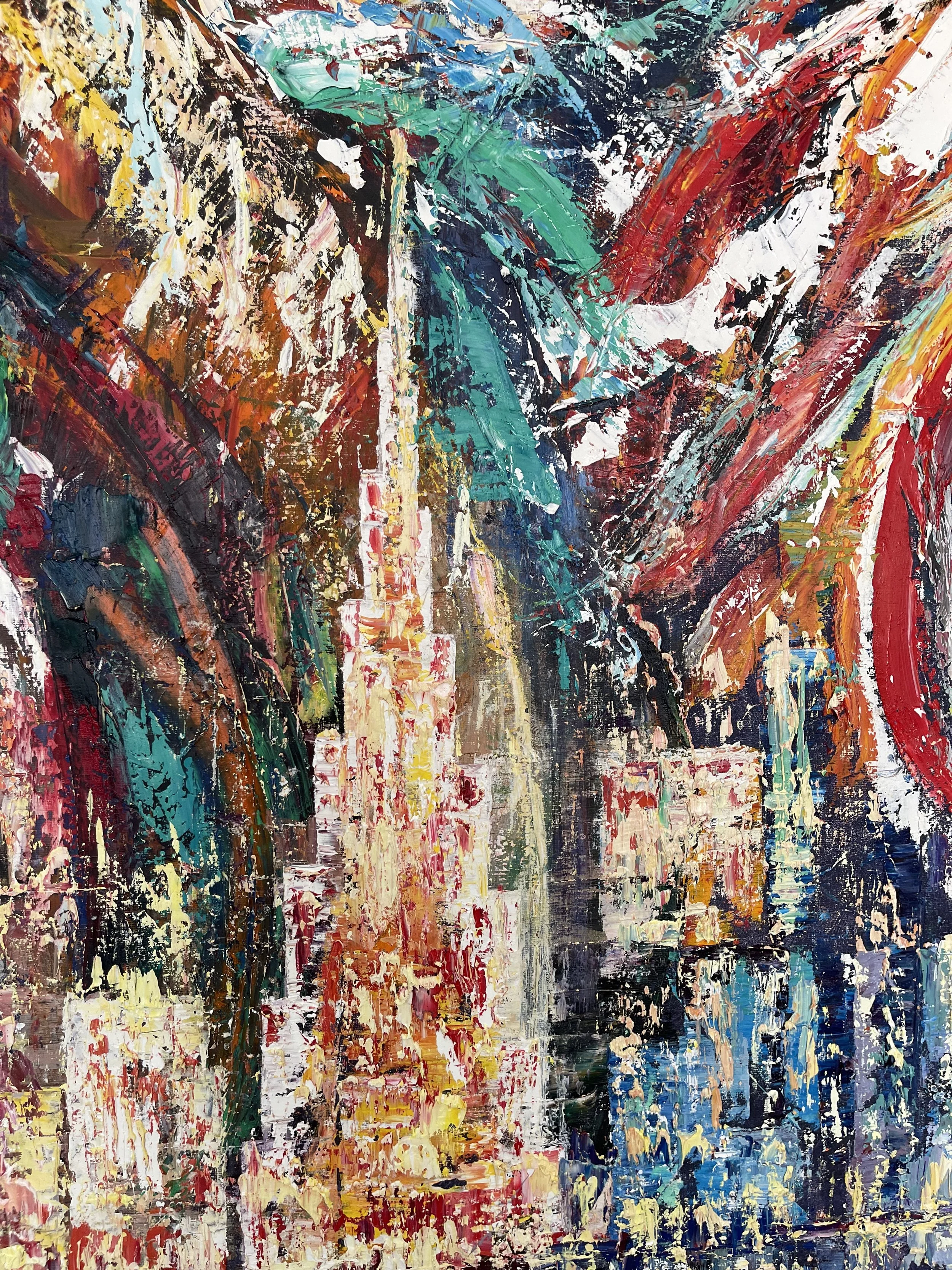 Abstract painting with bold, textured strokes in red, blue, green, yellow, black, and white, creating a vibrant cityscape scene.