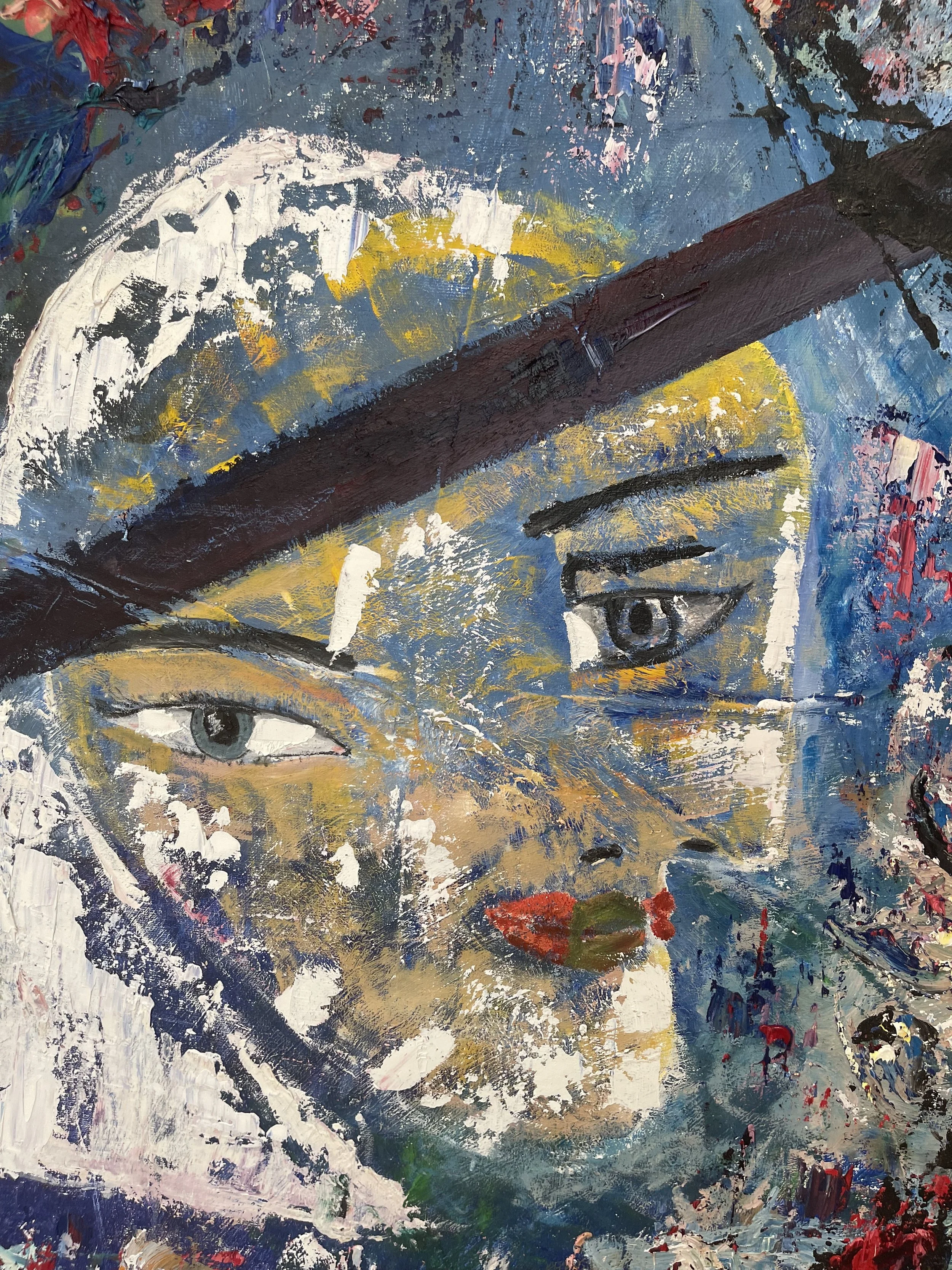 A colorful abstract painting of a woman's face with large eyes, red lips, and a black hat, created with bold brushstrokes and layered paint.