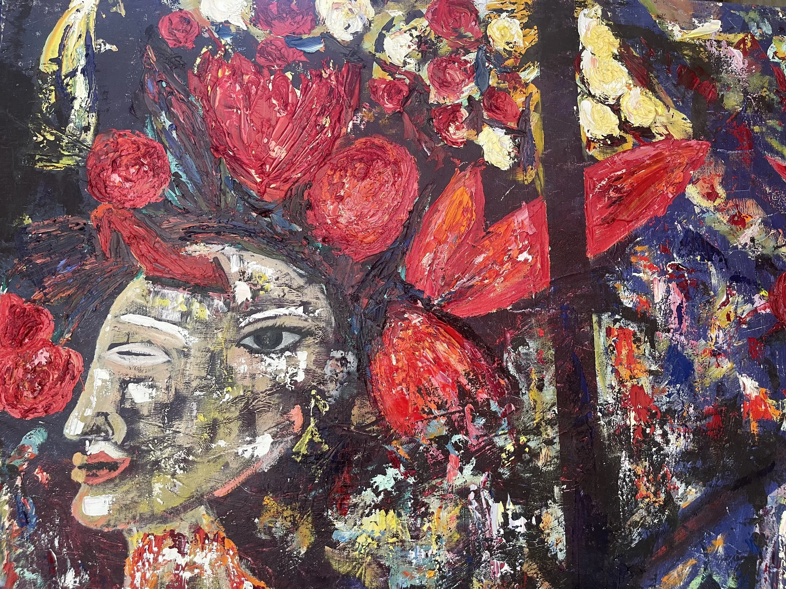 An abstract painting featuring a woman's face with one eye winking, surrounded by vivid red and yellow flowers and dark background elements.