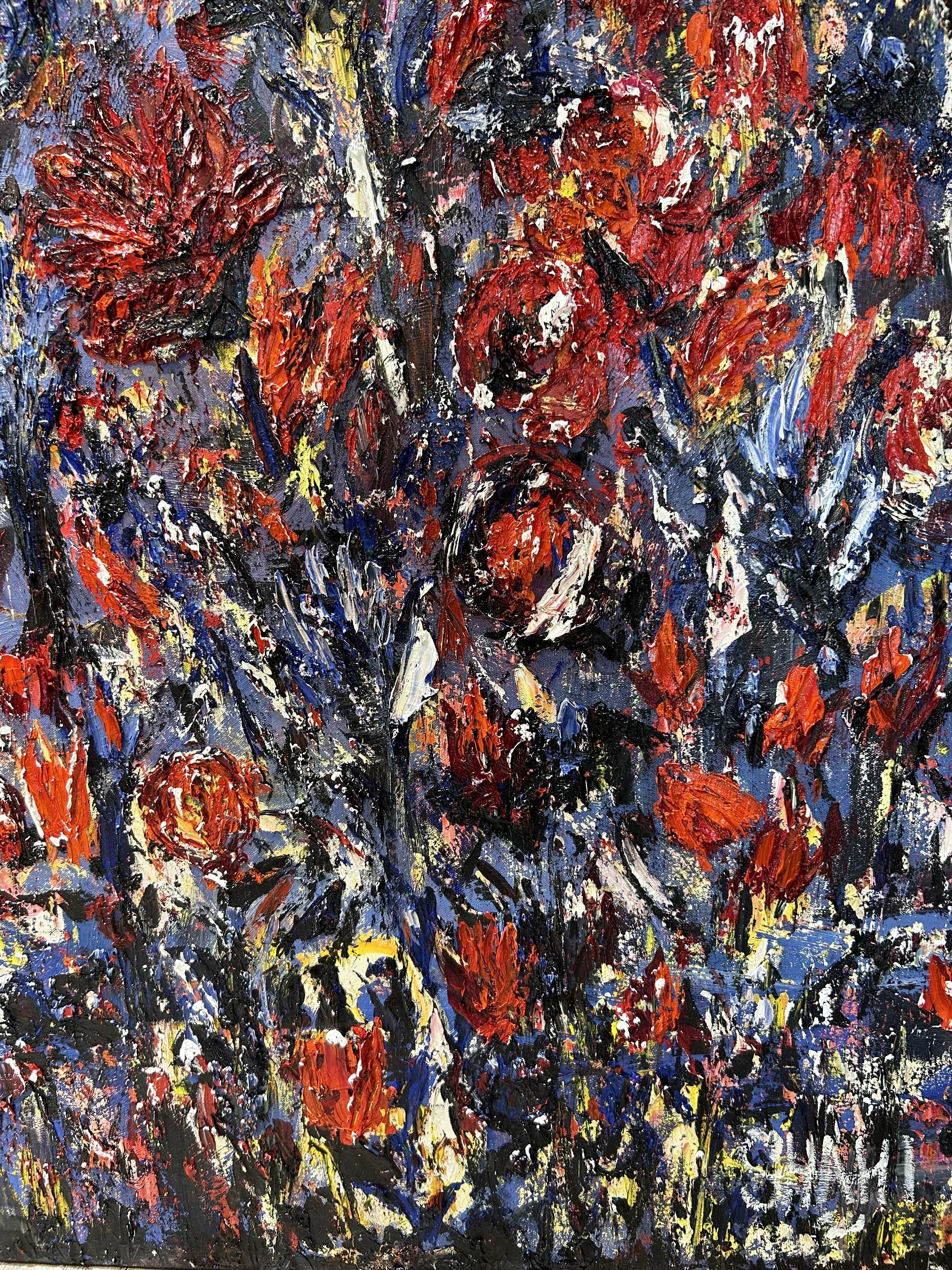 Abstract expressionist painting with thick, textured strokes in red, black, blue, white, and yellow colors.