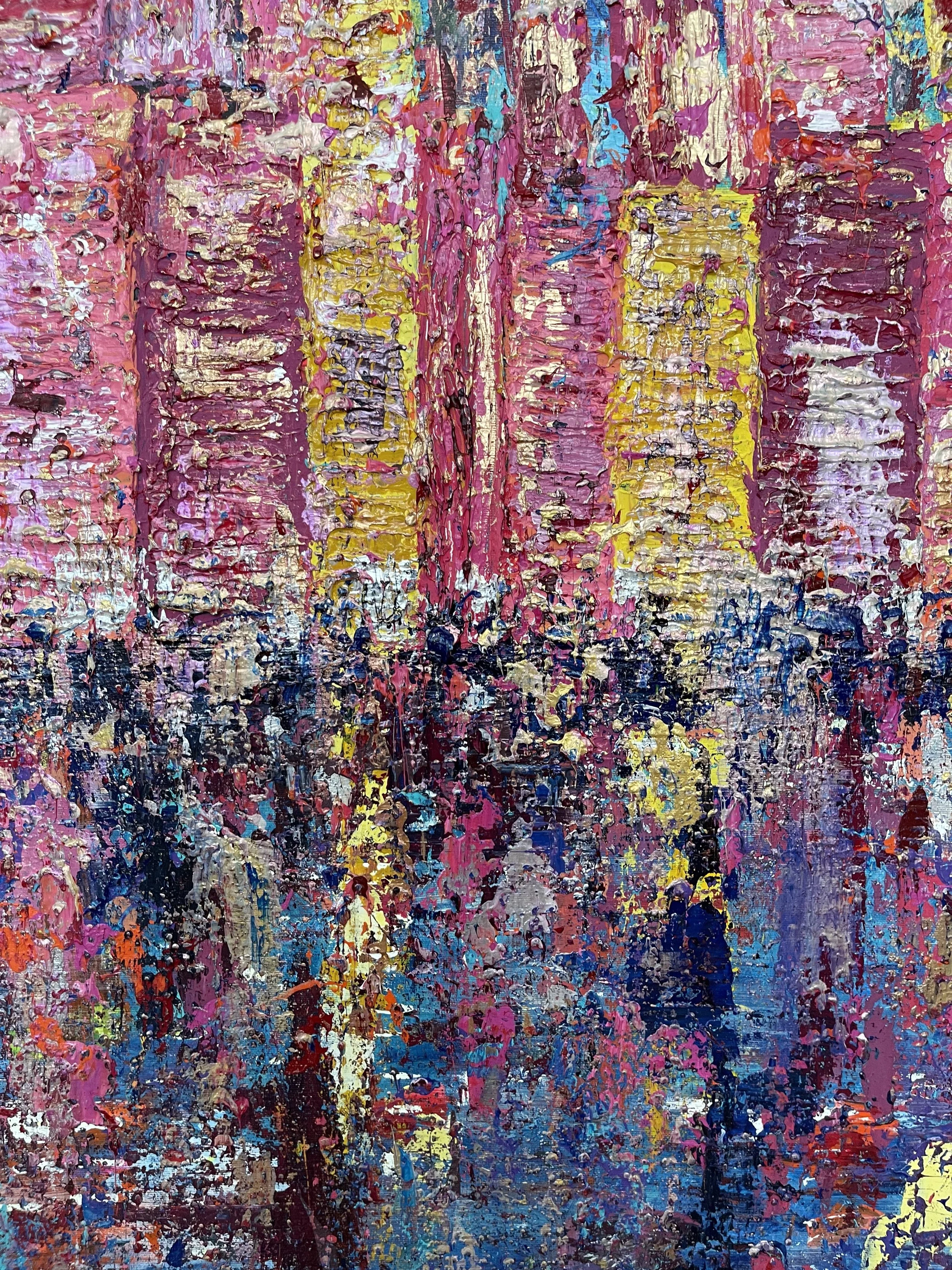 Abstract impressionist painting of a city street scene with tall buildings and pedestrians, characterized by bold, textured brushstrokes in pinks, yellows, blues, and purples.