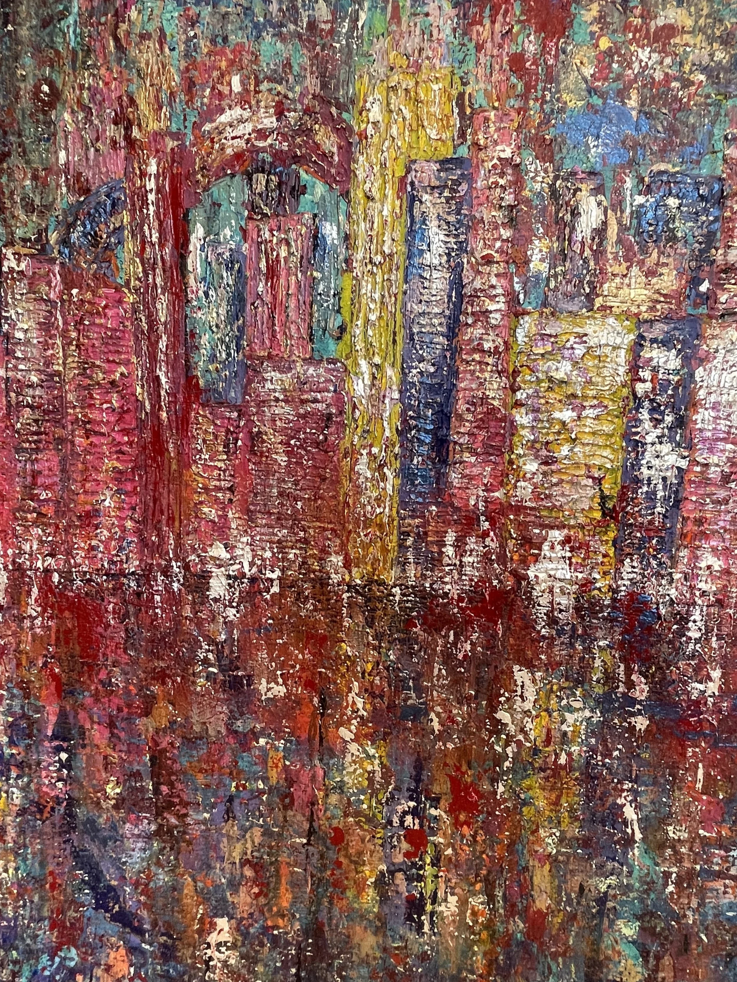 Abstract painting of a city skyline with colorful, textured brushstrokes depicting tall buildings in various shades of pink, red, yellow, blue, and white.