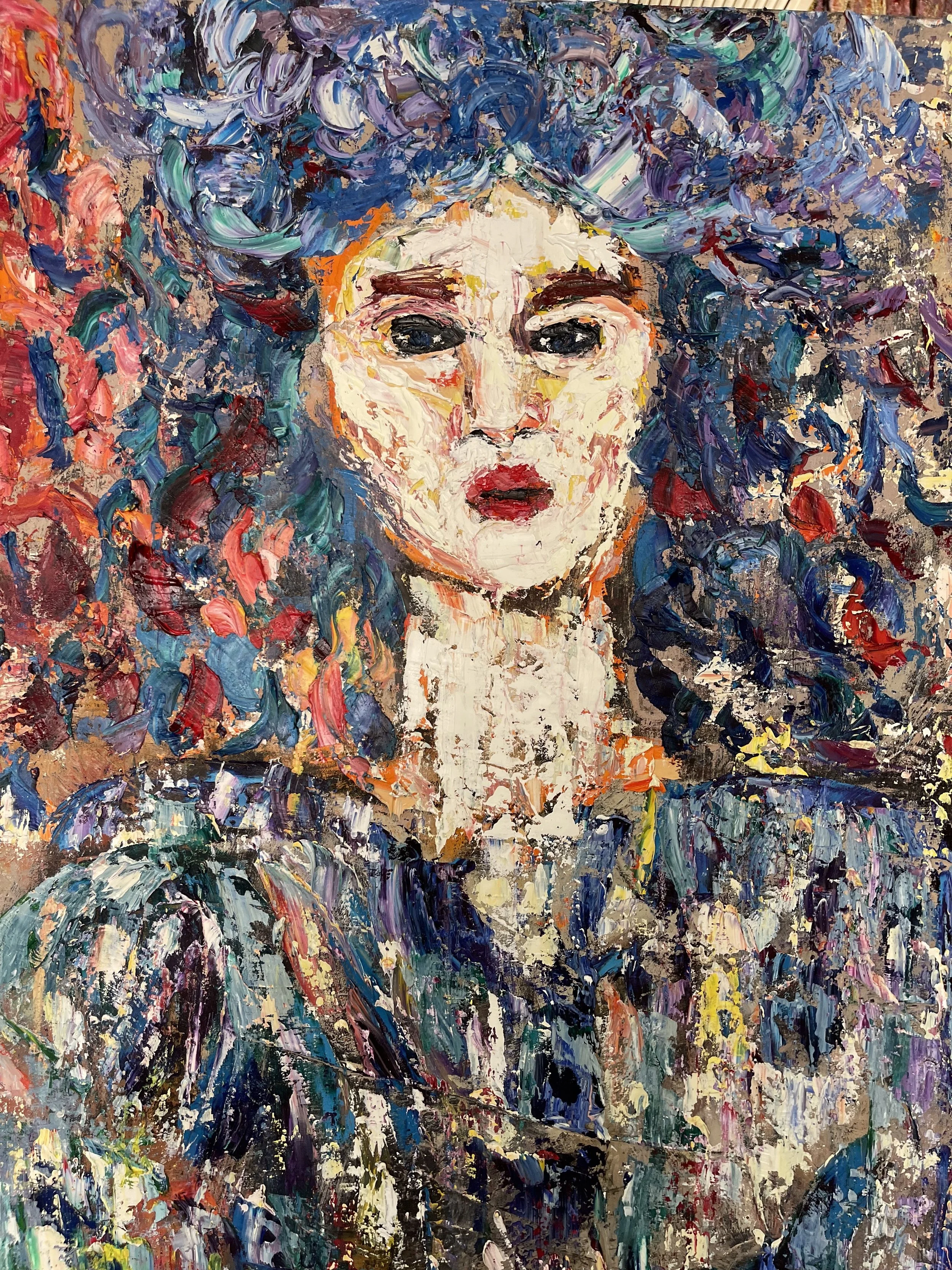 Abstract portrait painting of a woman with dark eyes, red lips, and colorful swirling hair in shades of blue, purple, pink, and orange.