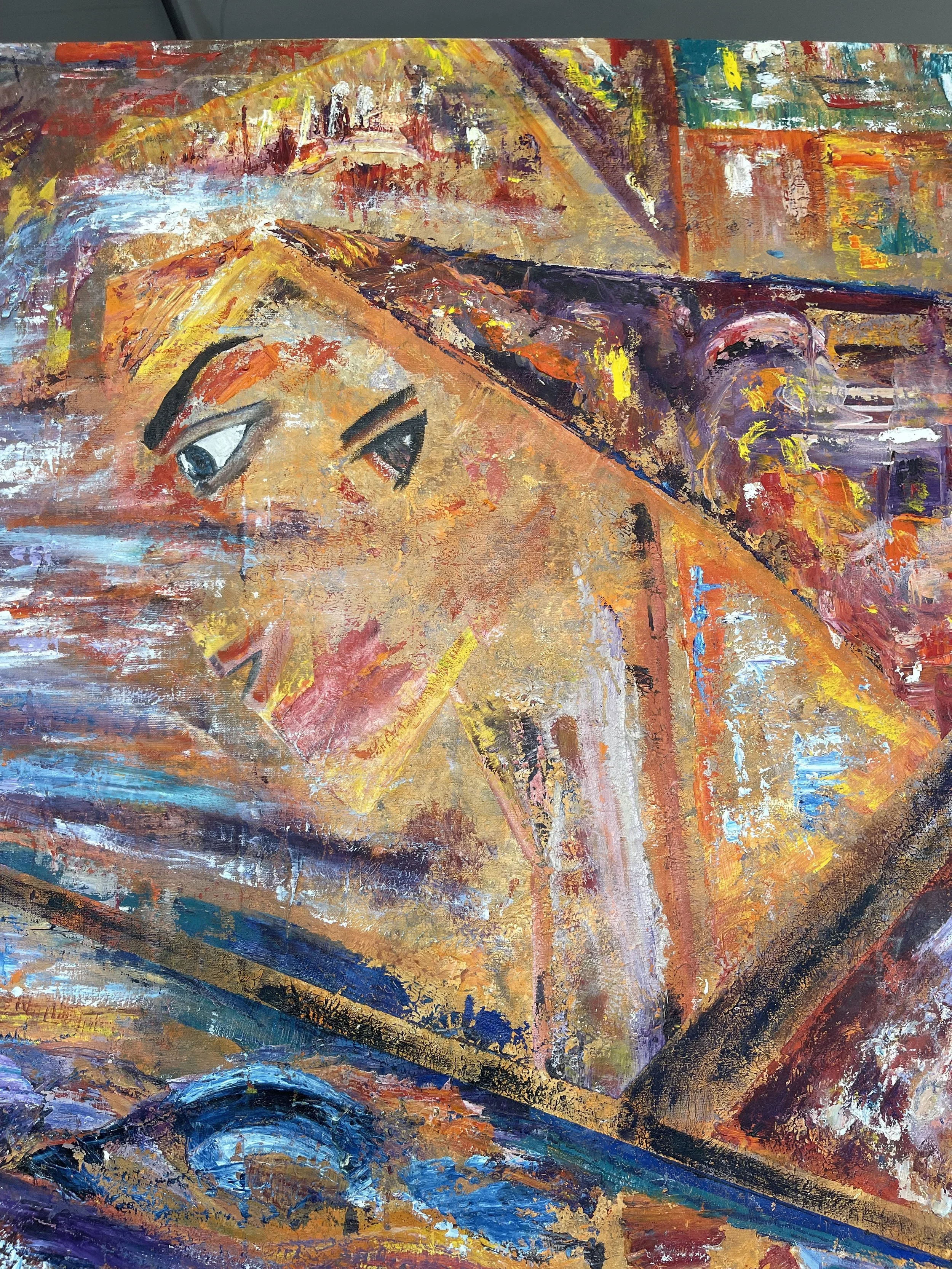 An abstract painting featuring a partially visible human eye and face with vibrant, textured brushstrokes in warm and cool colors.