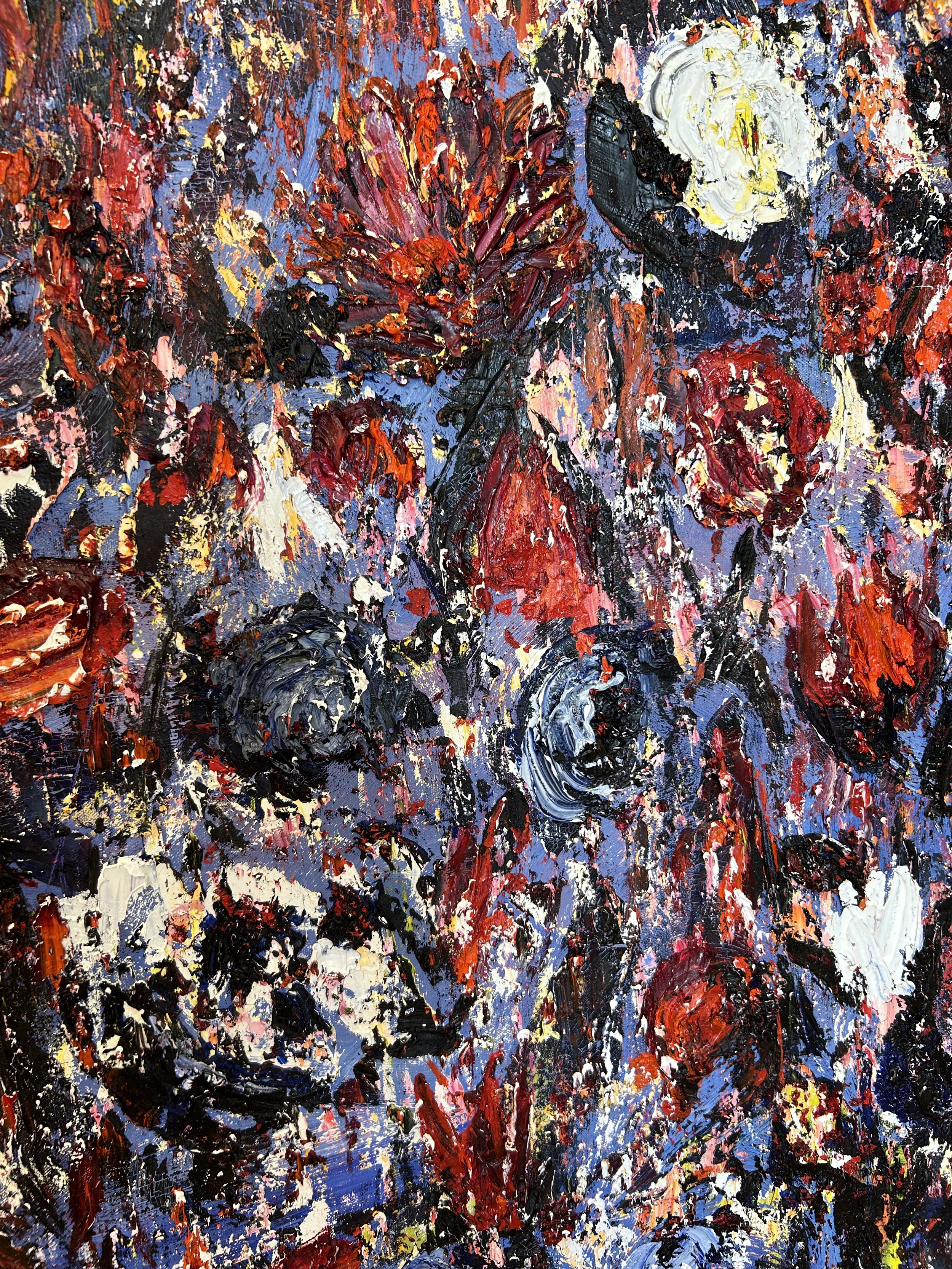 Abstract impressionist painting of various flowers with thick brushstrokes in reds, blues, black, white, and yellow.