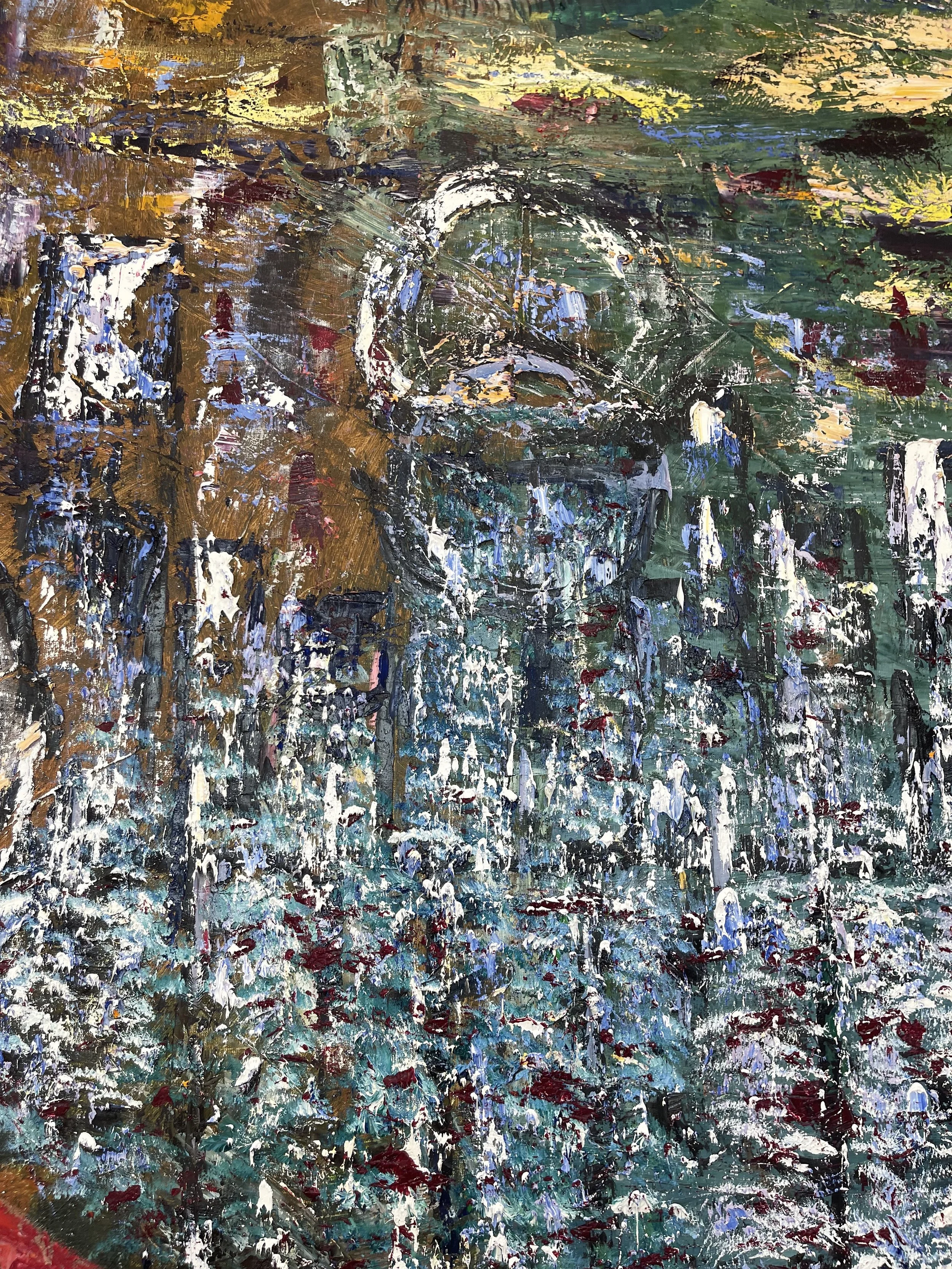 An abstract painting depicting a motorcycle among a snowy landscape with a mix of vibrant colors and textured brushstrokes.