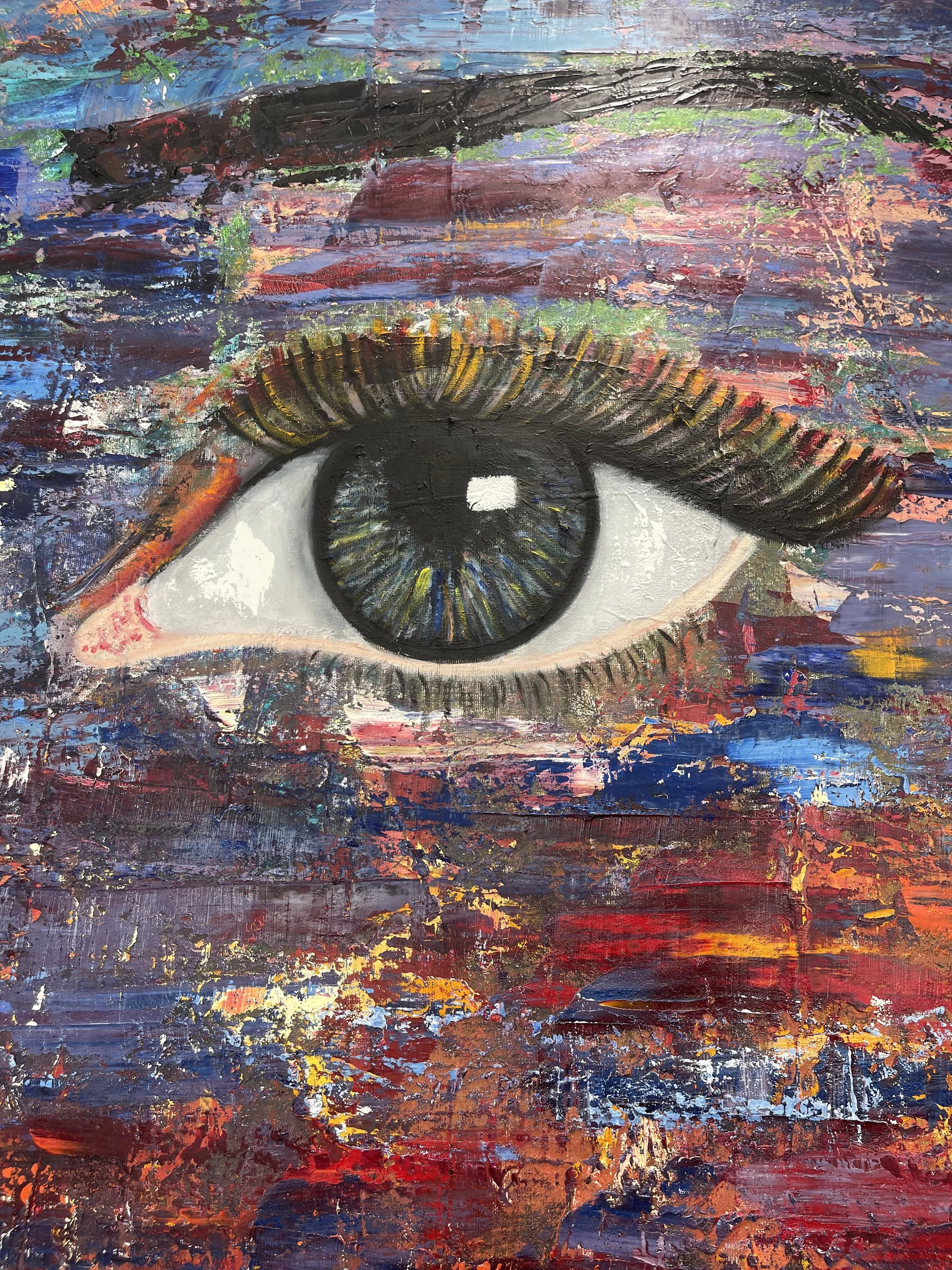 A painted image of a realistic human eye against a colorful abstract background with bold brushstrokes in blue, red, purple, and yellow.