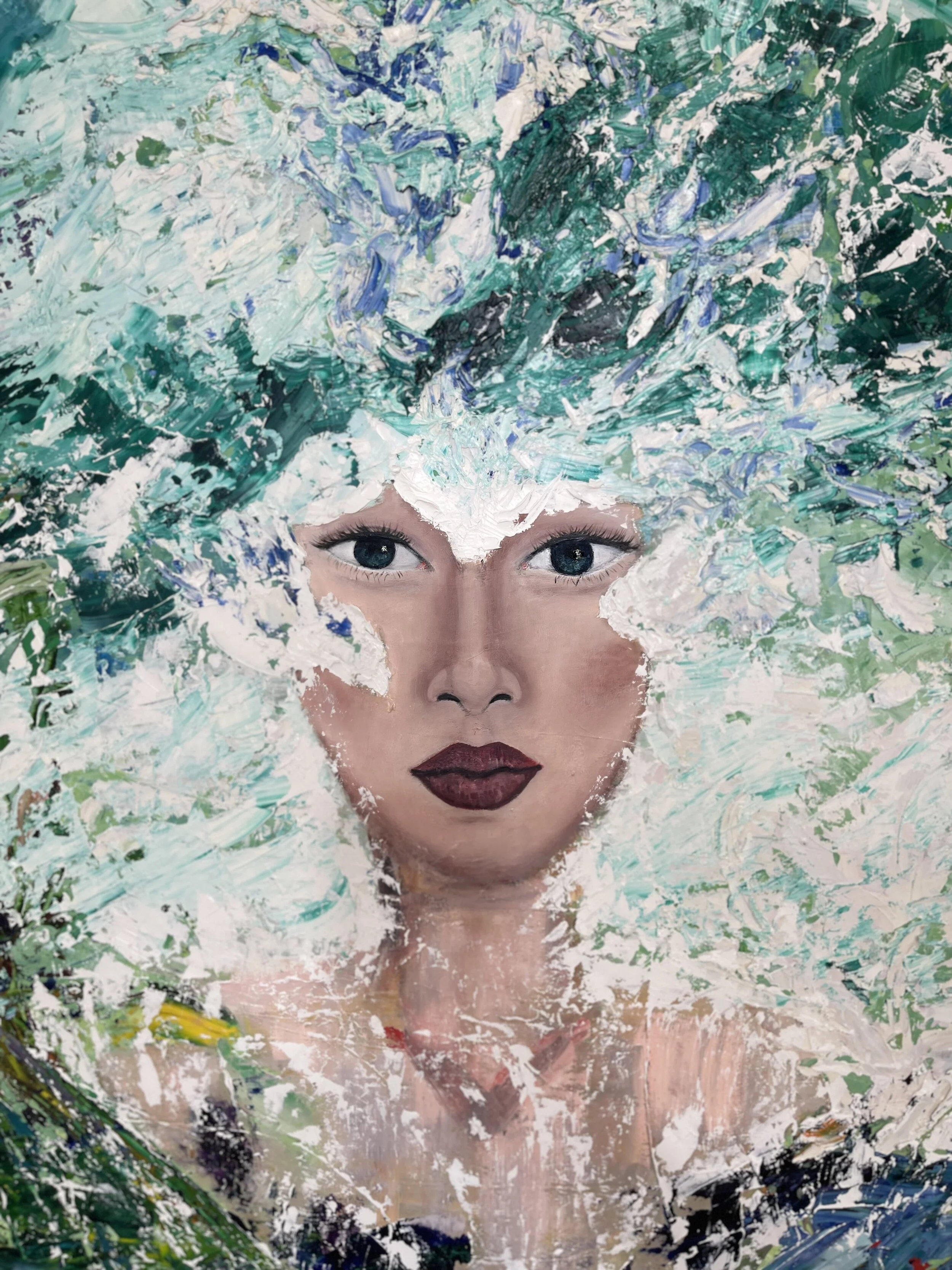 A painting of a woman with blue eyes, dark lipstick, and a neutral expression, surrounded by abstract textured green and white brushstrokes.