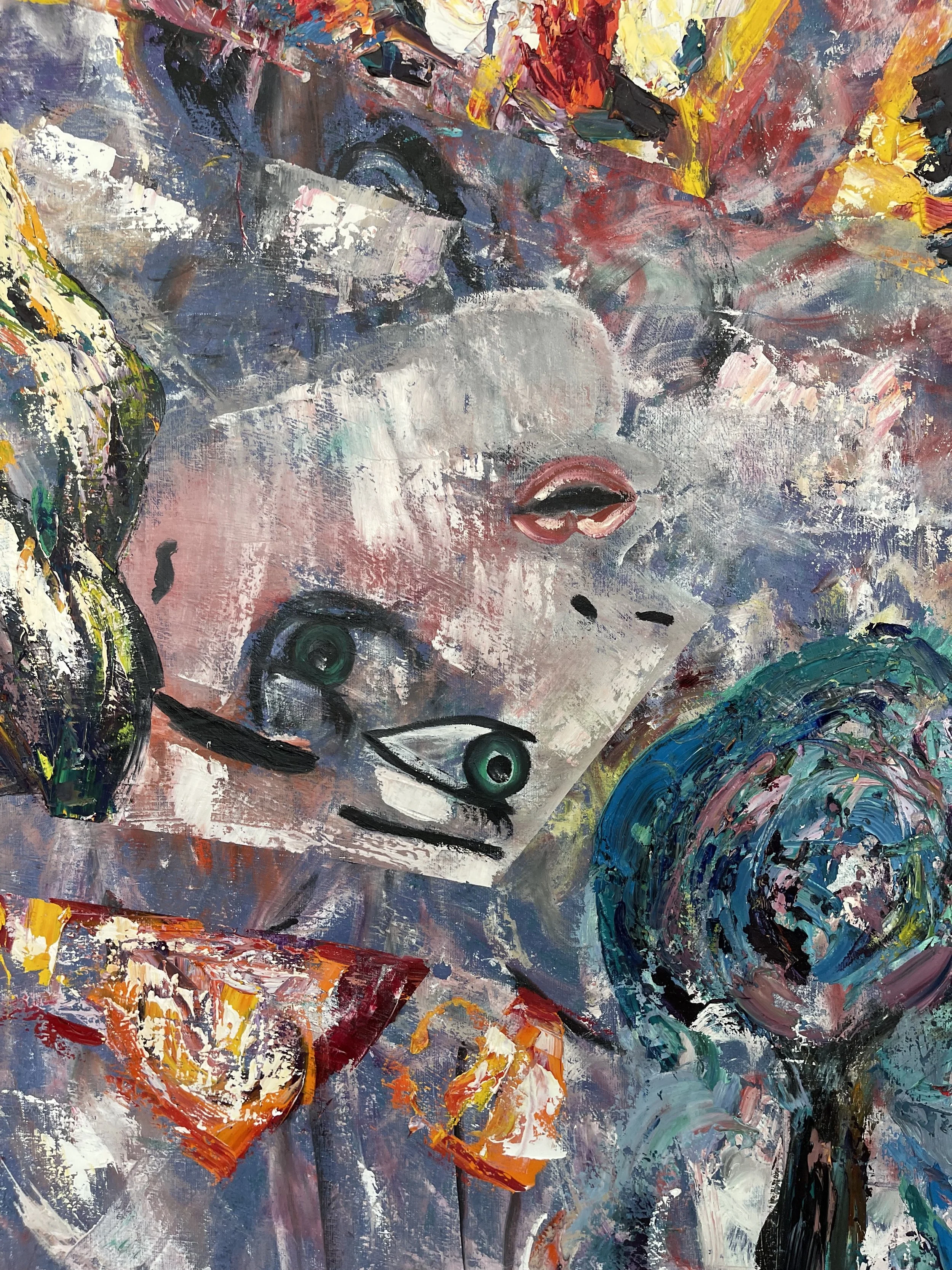 Abstract painting of a face with distorted features, including eyes, lips, and hands, using vibrant colors and layered textures.