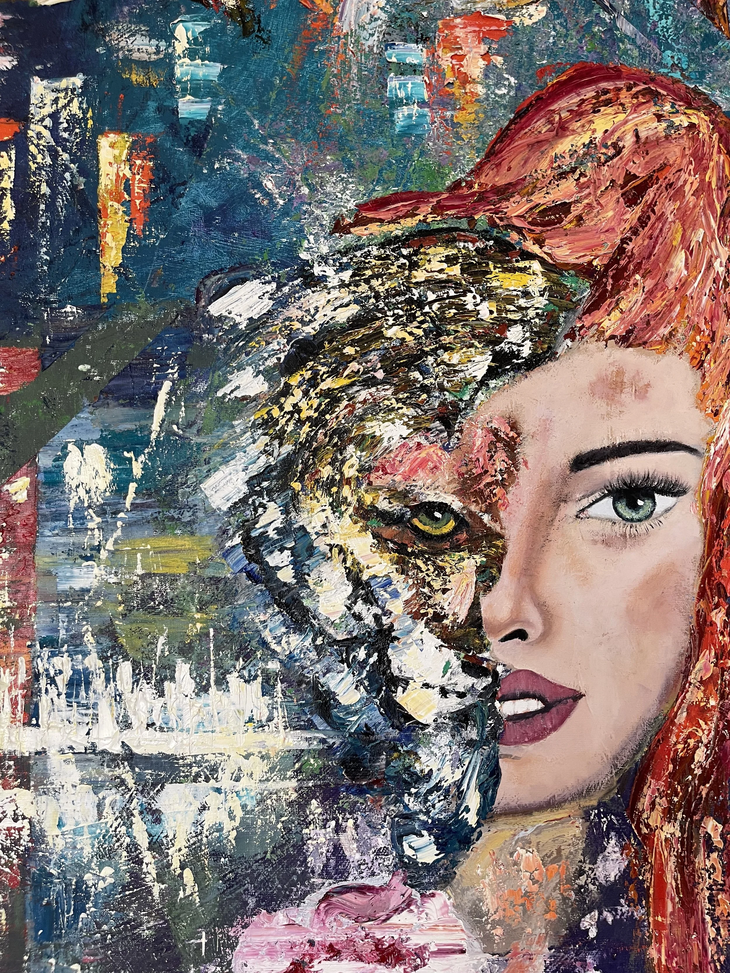 A mixed media artwork combining a realistic portrait of a woman with vibrant red hair and a yellow-eyed tiger with a textured, abstract background.