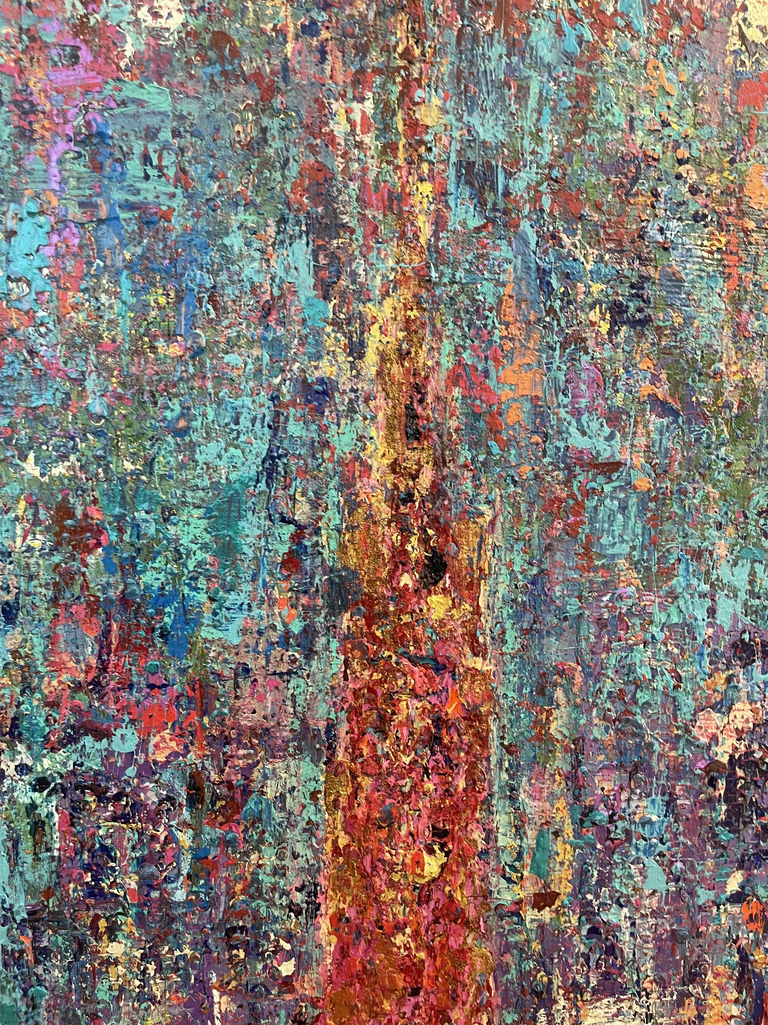 Abstract painting with vibrant colors including blue, pink, yellow, red, and green, created with thick, textured brushstrokes.