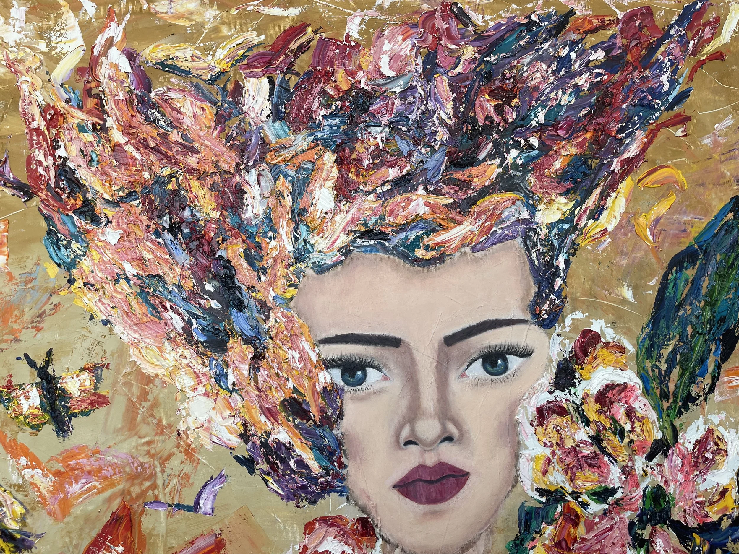 A portrait of a woman with blue eyes and dark red lipstick, surrounded by vibrant, abstract floral and hair textures created with thick, colorful paint strokes.