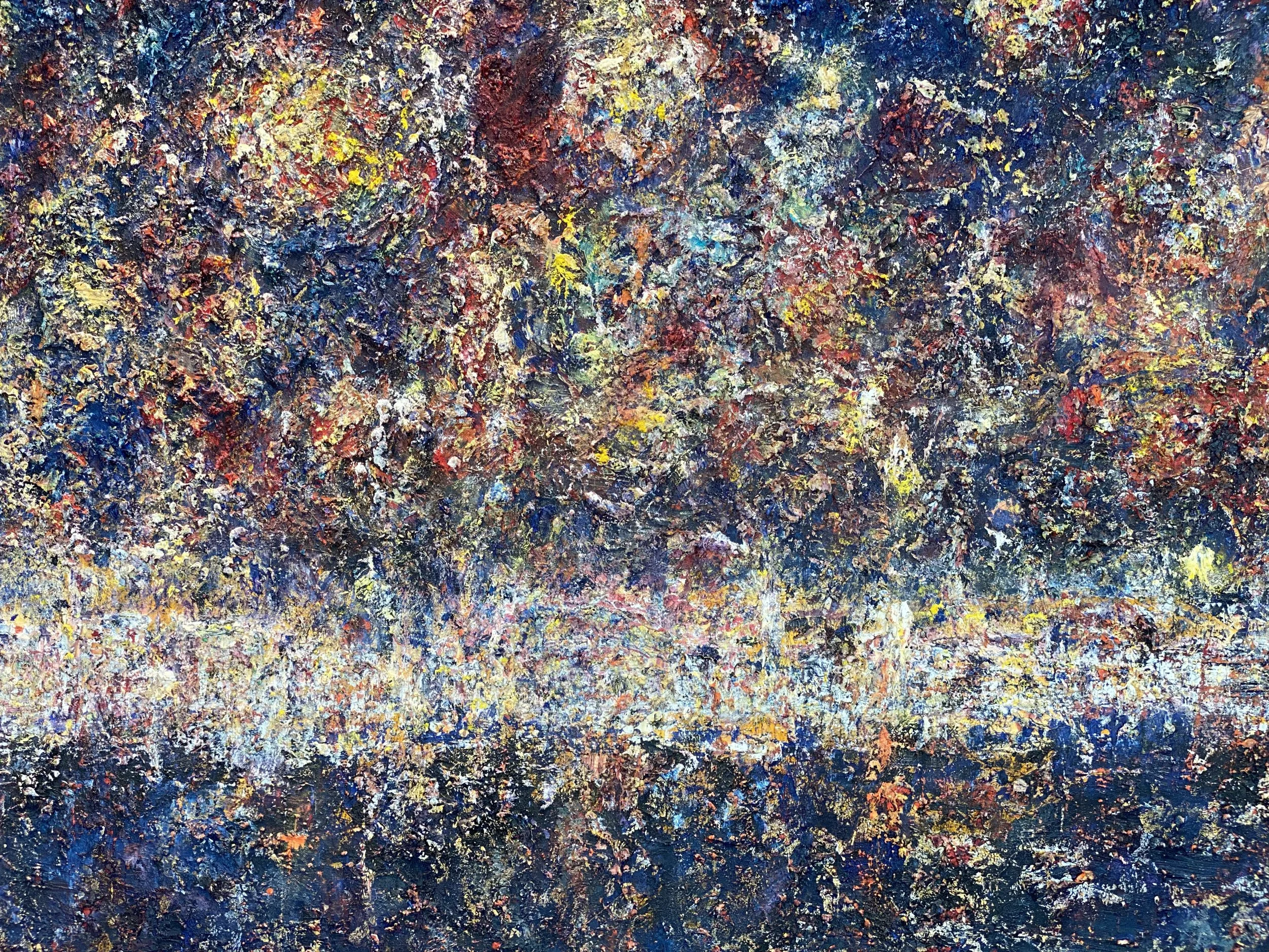 Abstract Impressionist style painting with vibrant splashes of red, yellow, blue, and white colors creating a textured surface.