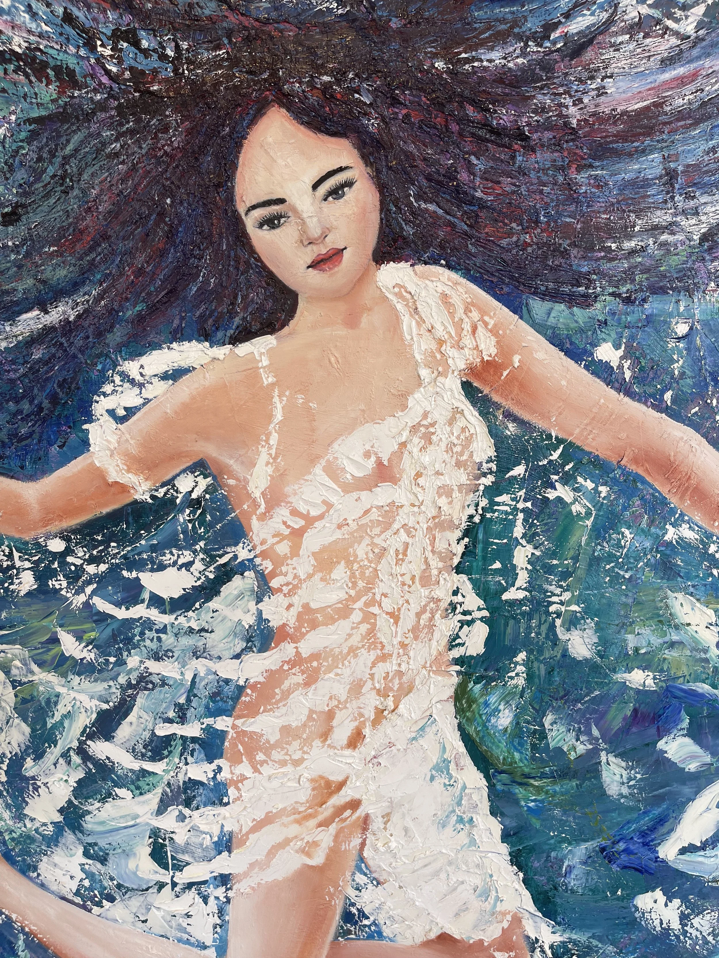 A painting of a woman with long, flowing dark hair, and a slightly smiling expression, wearing a semi-transparent white dress, with her arms outstretched, surrounded by abstract, vibrant, swirling blue, green, purple, and white colors.