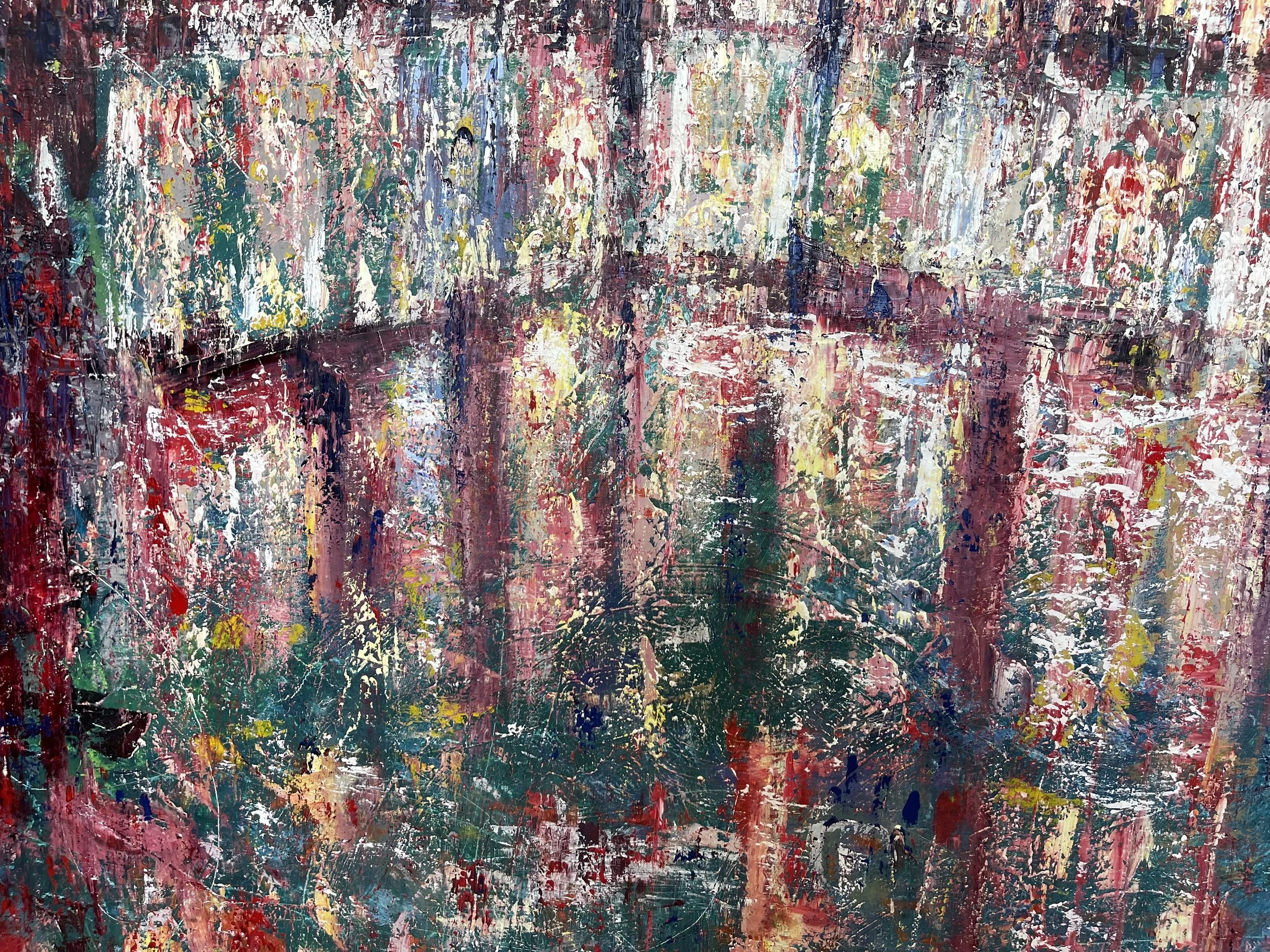 An abstract expressionist painting with dense, colorful brushstrokes in shades of pink, green, white, yellow, blue, and black, creating a chaotic and textured visual composition.