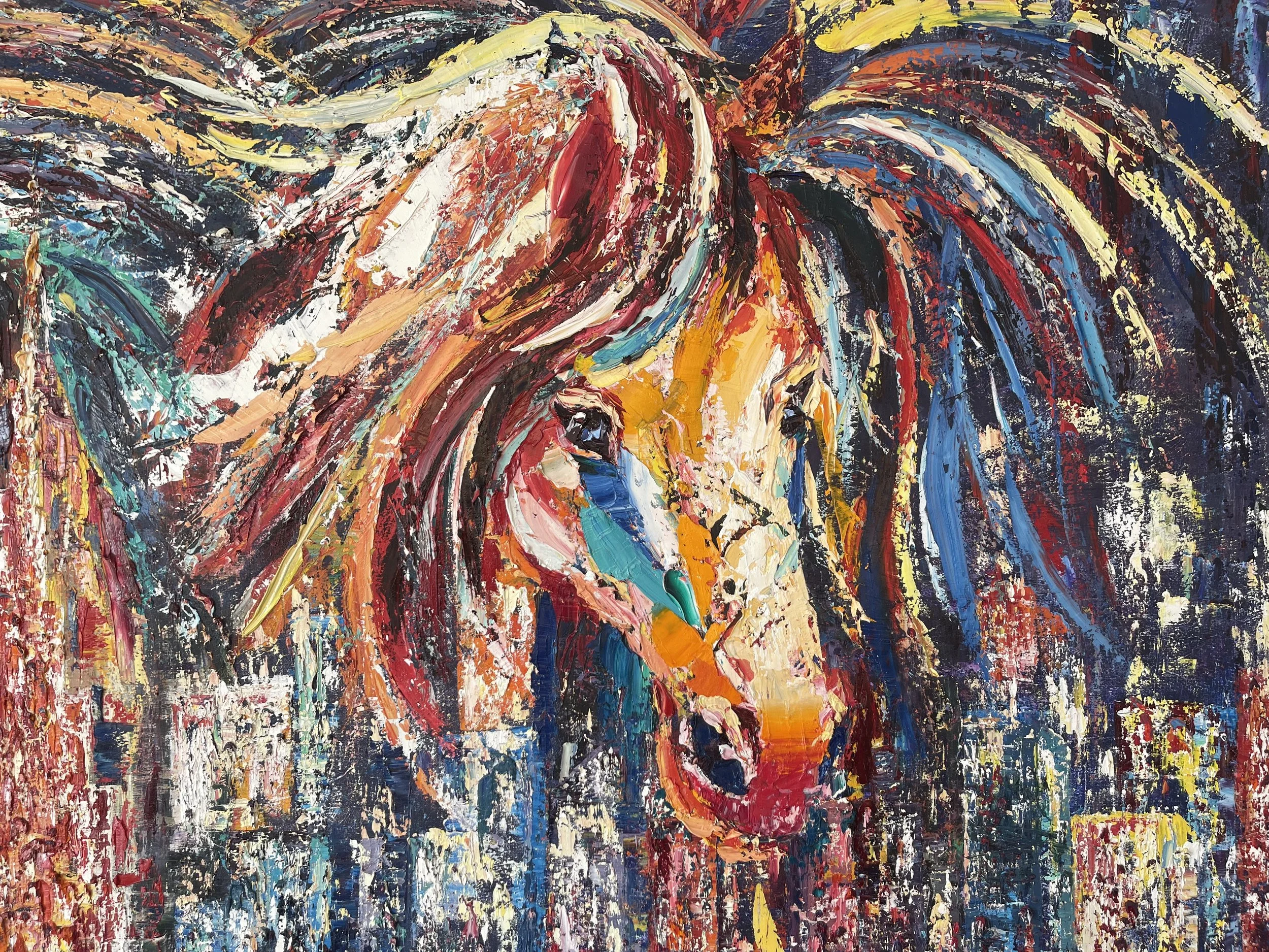 Abstract colorful painting of a horse's face with bold, textured brushstrokes in reds, blues, yellows, and whites.