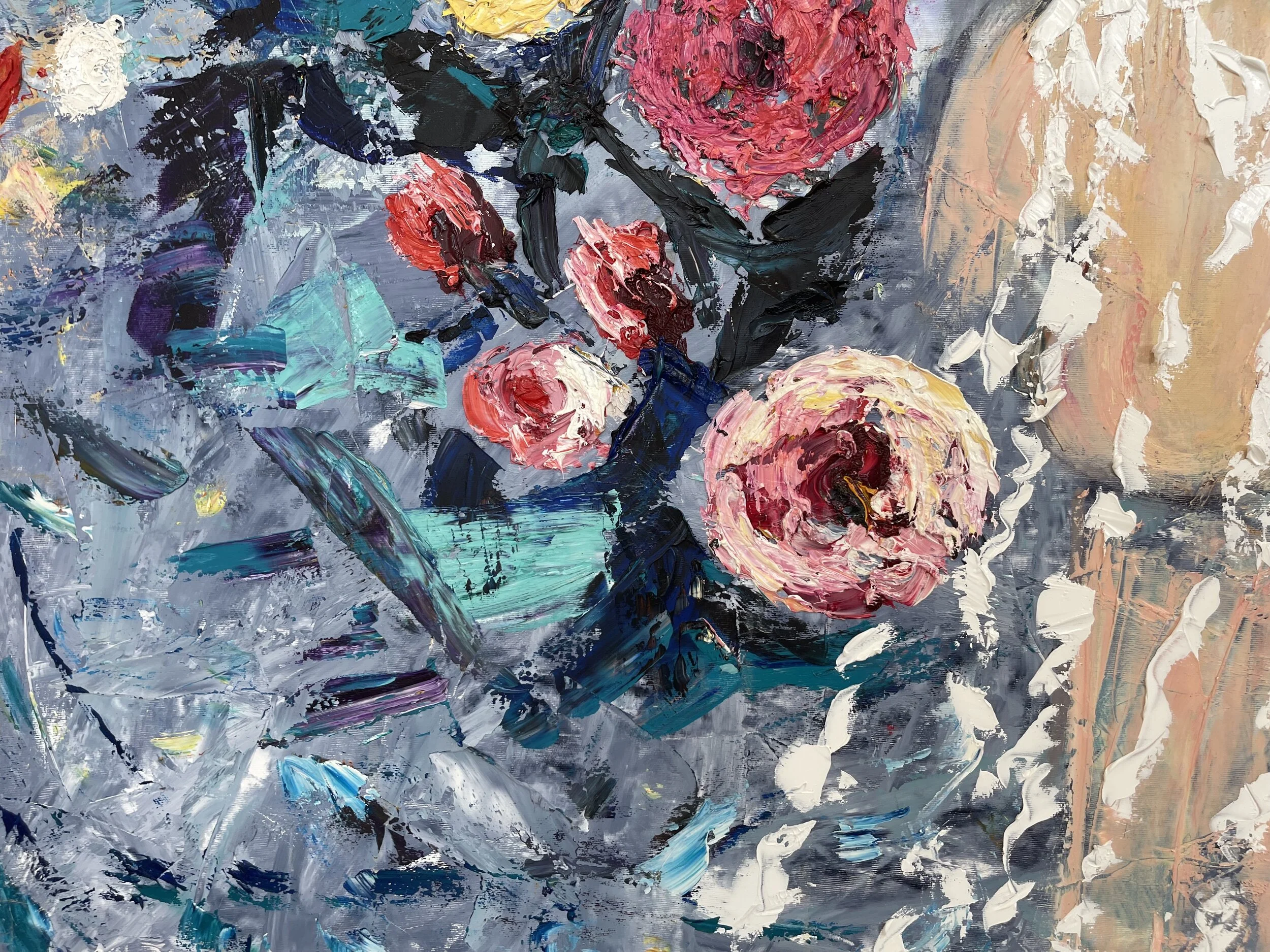 An abstract impressionist painting of a bouquet of pink and red roses with dark green leaves in a vase, set against a swirl of blue, white, and peach background with bold, textured brushstrokes.