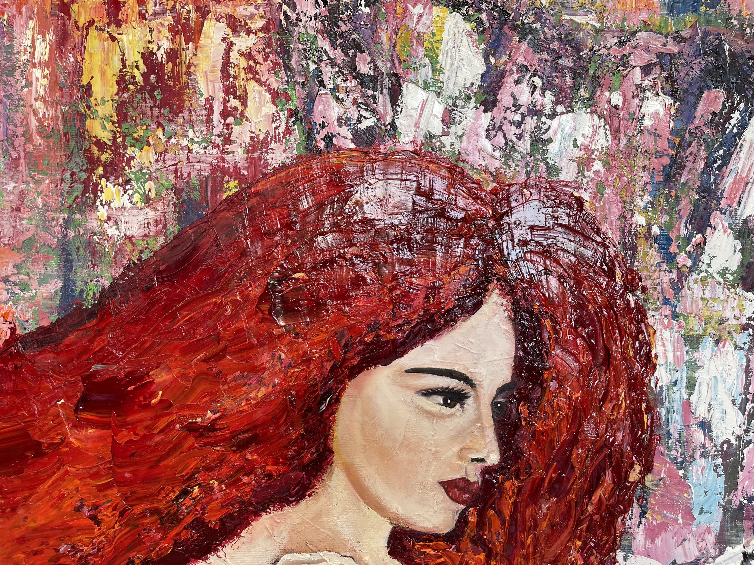 An oil painting of a woman with long red hair, closed eyes, and dark lipstick, set against a colorful, abstract background.