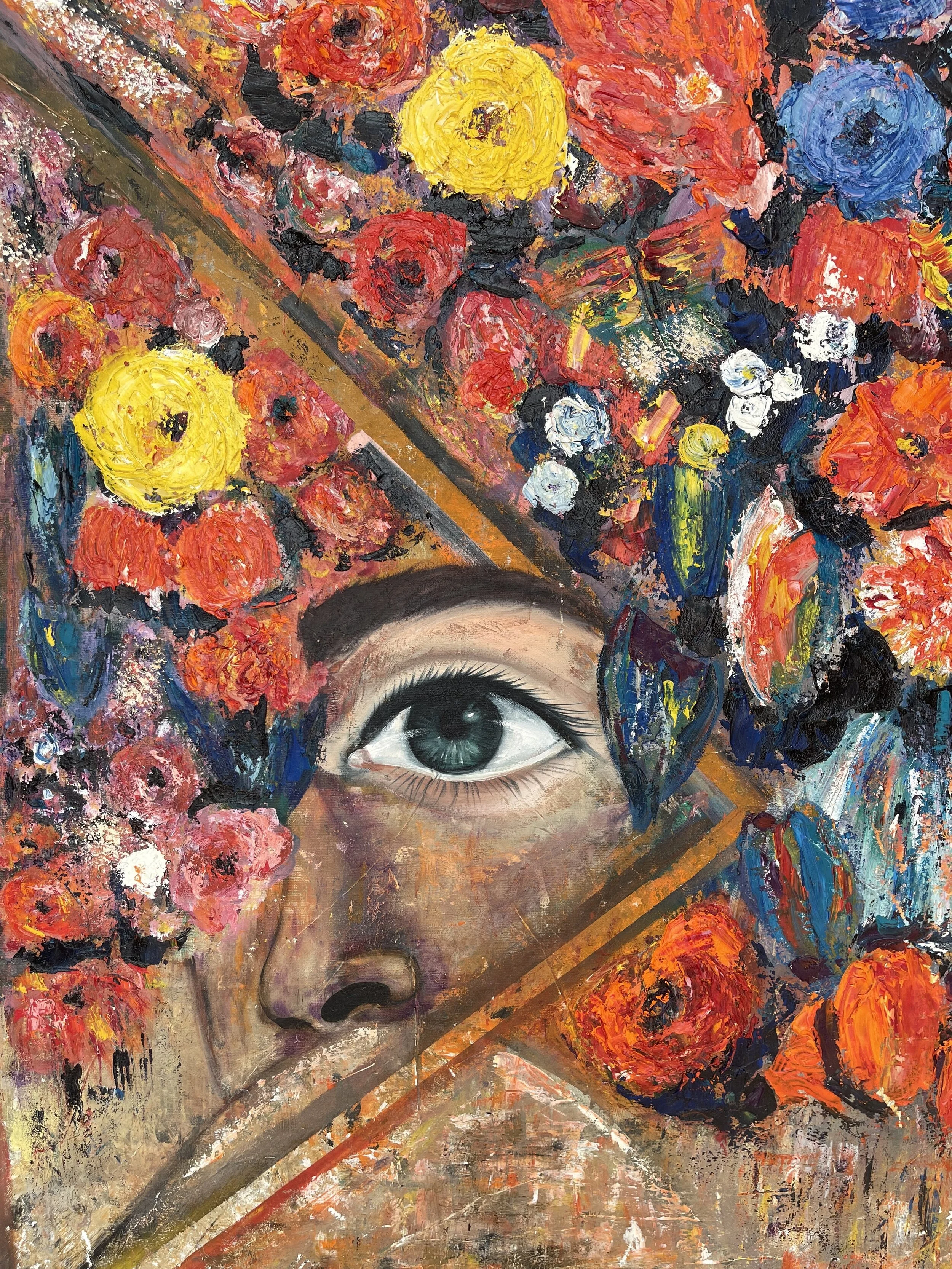 A painting of a human face with one eye, surrounded by colorful flowers, with diagonal lines crossing the image.