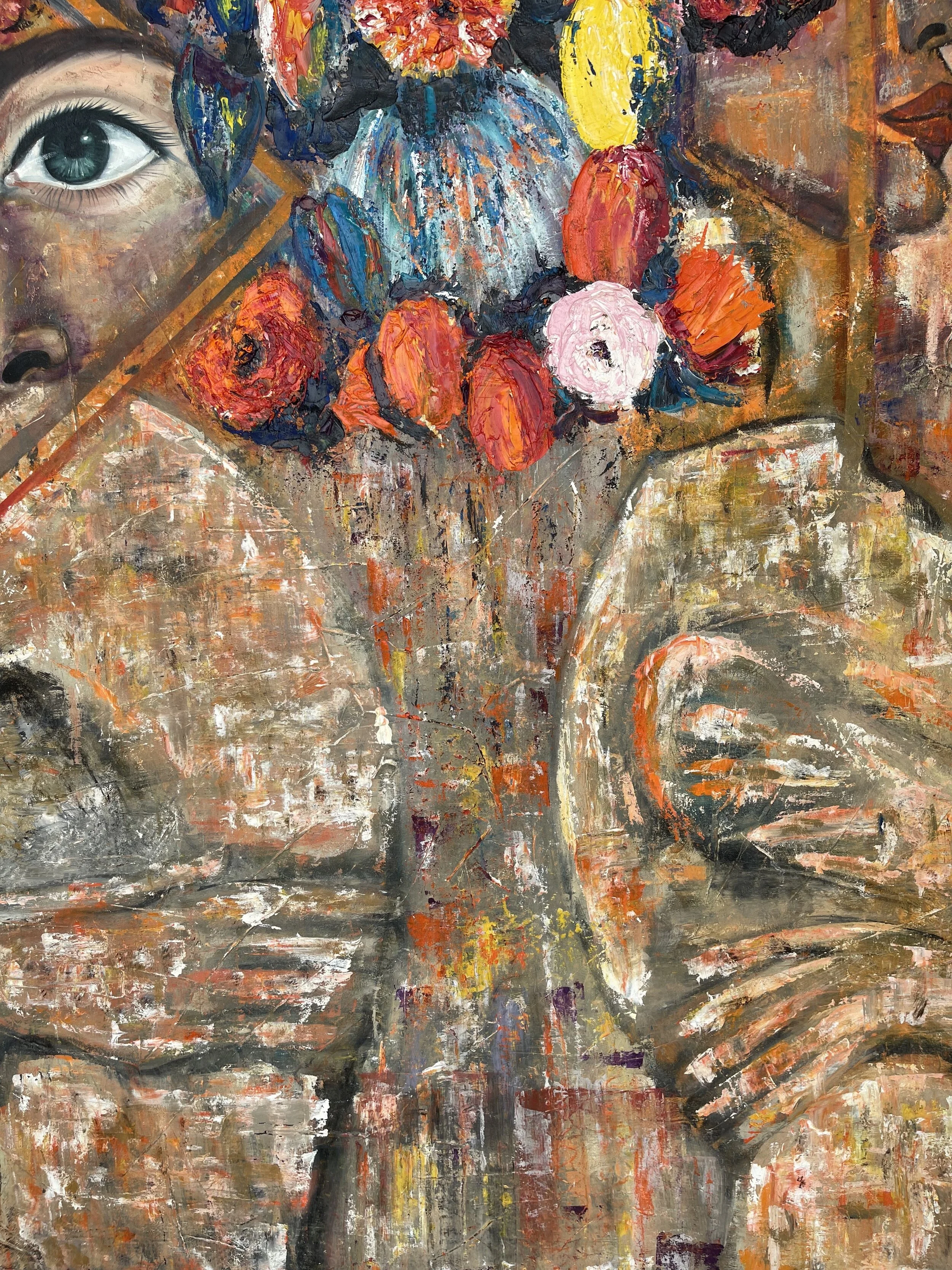 Close-up of an abstract painting featuring a large eye, colorful flowers including roses and a tulip, and a hand holding a flower, all depicted with textured, expressive brushstrokes.