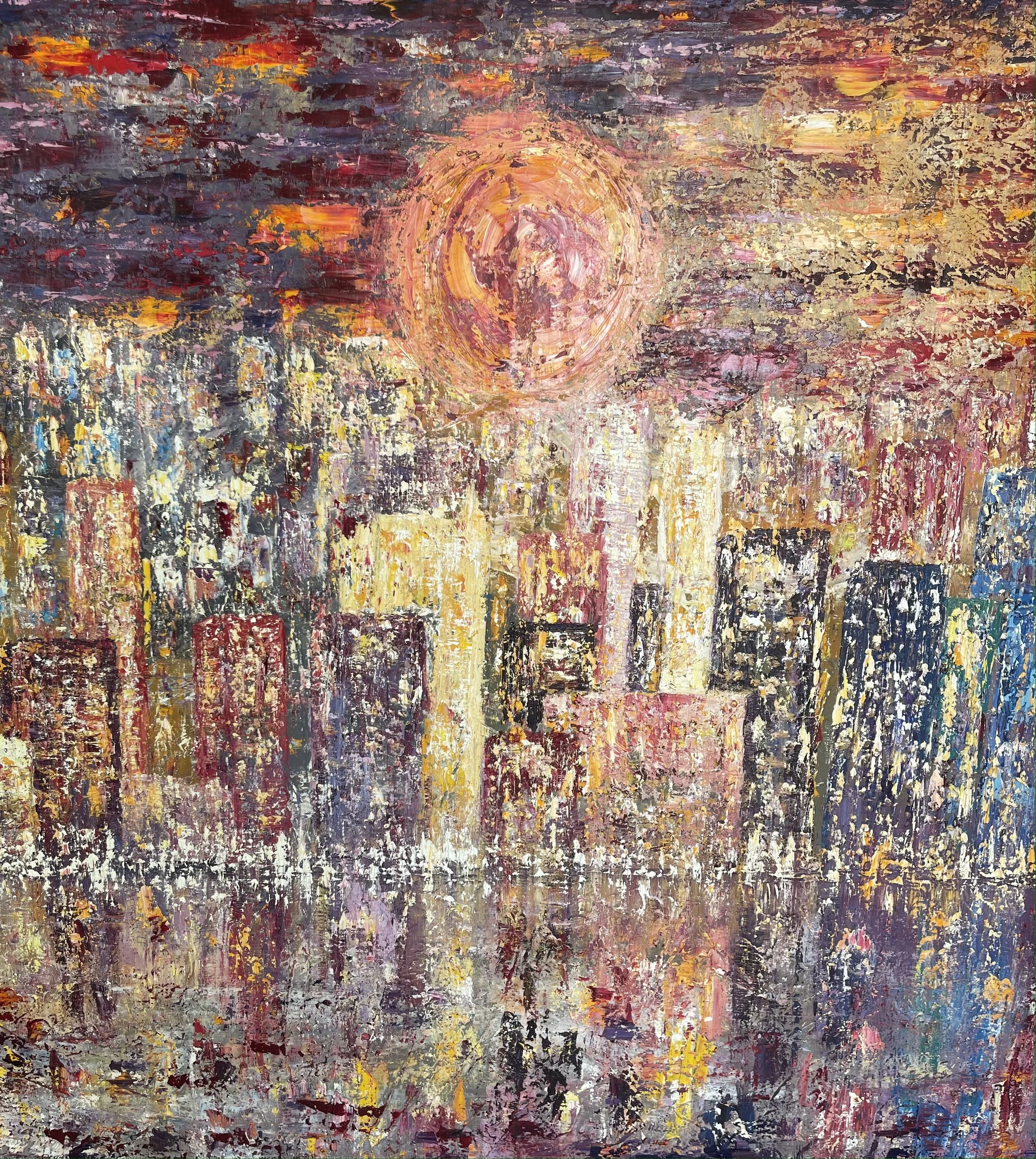 Abstract painting of a city skyline at sunset with colorful buildings and a large circular sun in the sky, reflected in the water below.