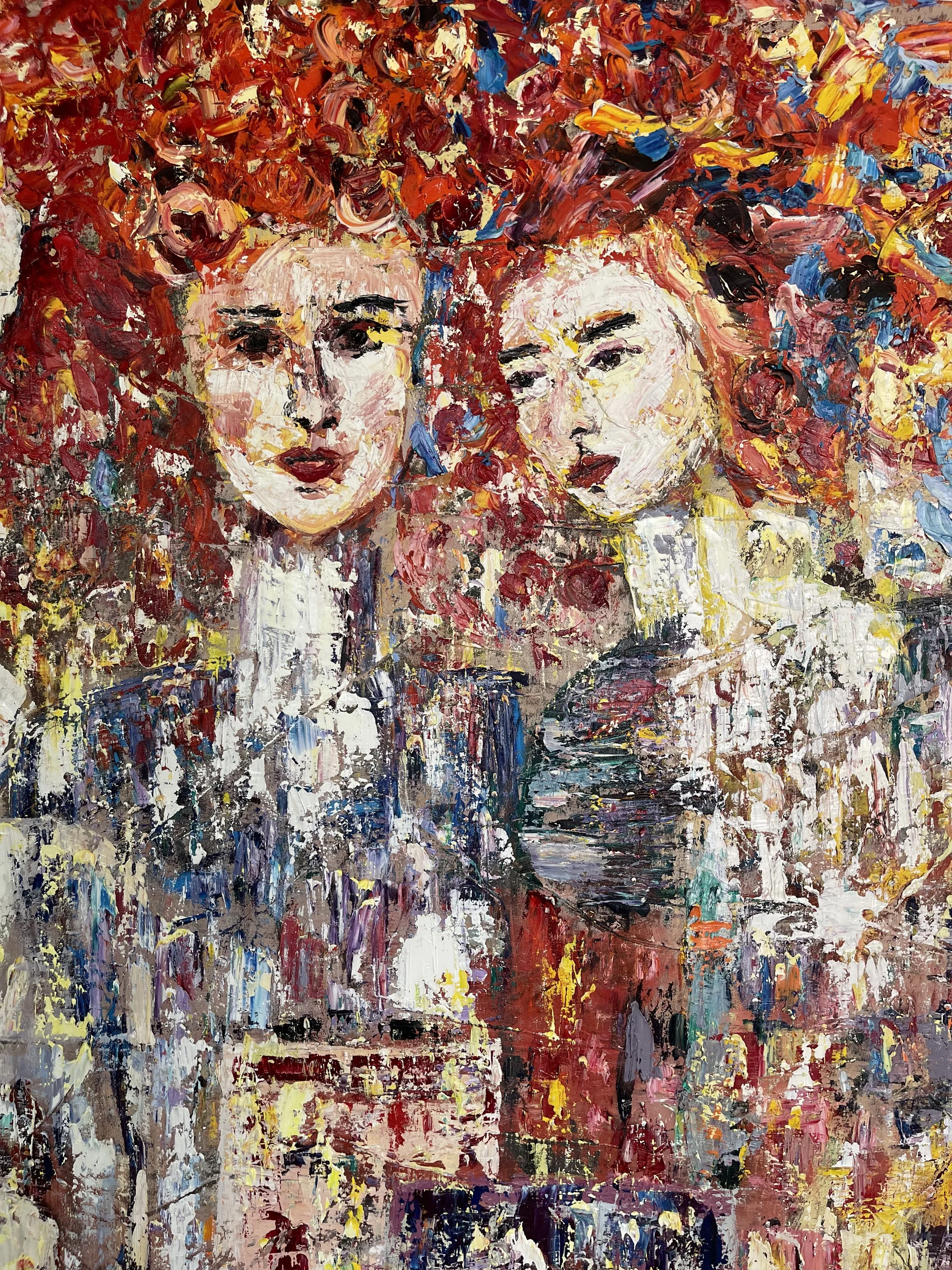 Abstract impressionist painting of two women with fiery red hair, expressive faces, and vibrant background.