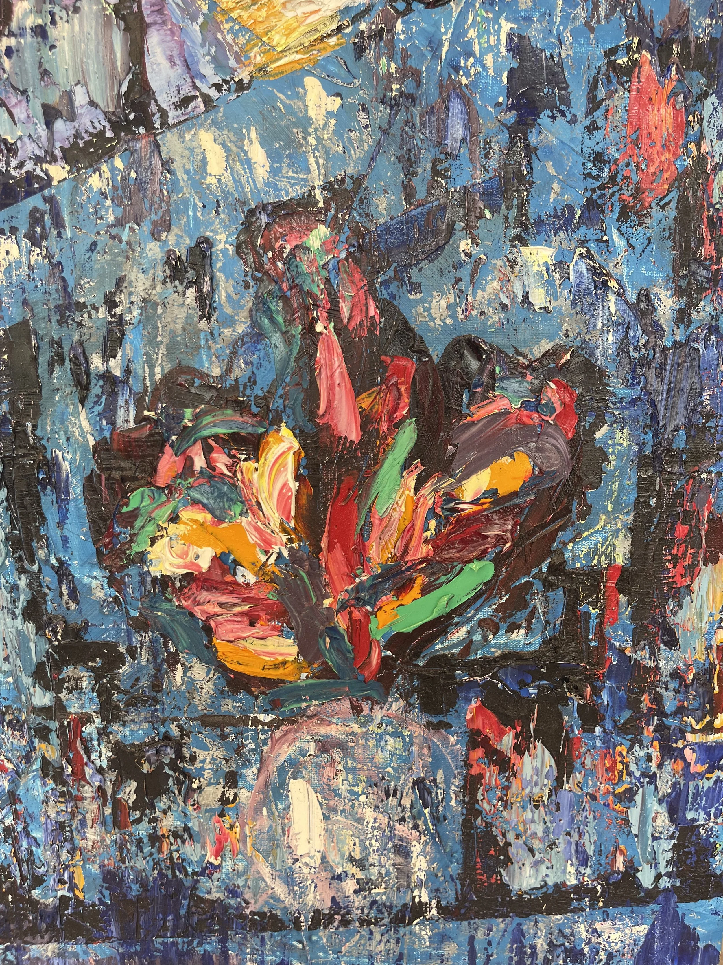 An abstract oil painting of a flower arrangement in a vase, with vibrant colors including red, yellow, green, pink, and black on a predominantly blue background.