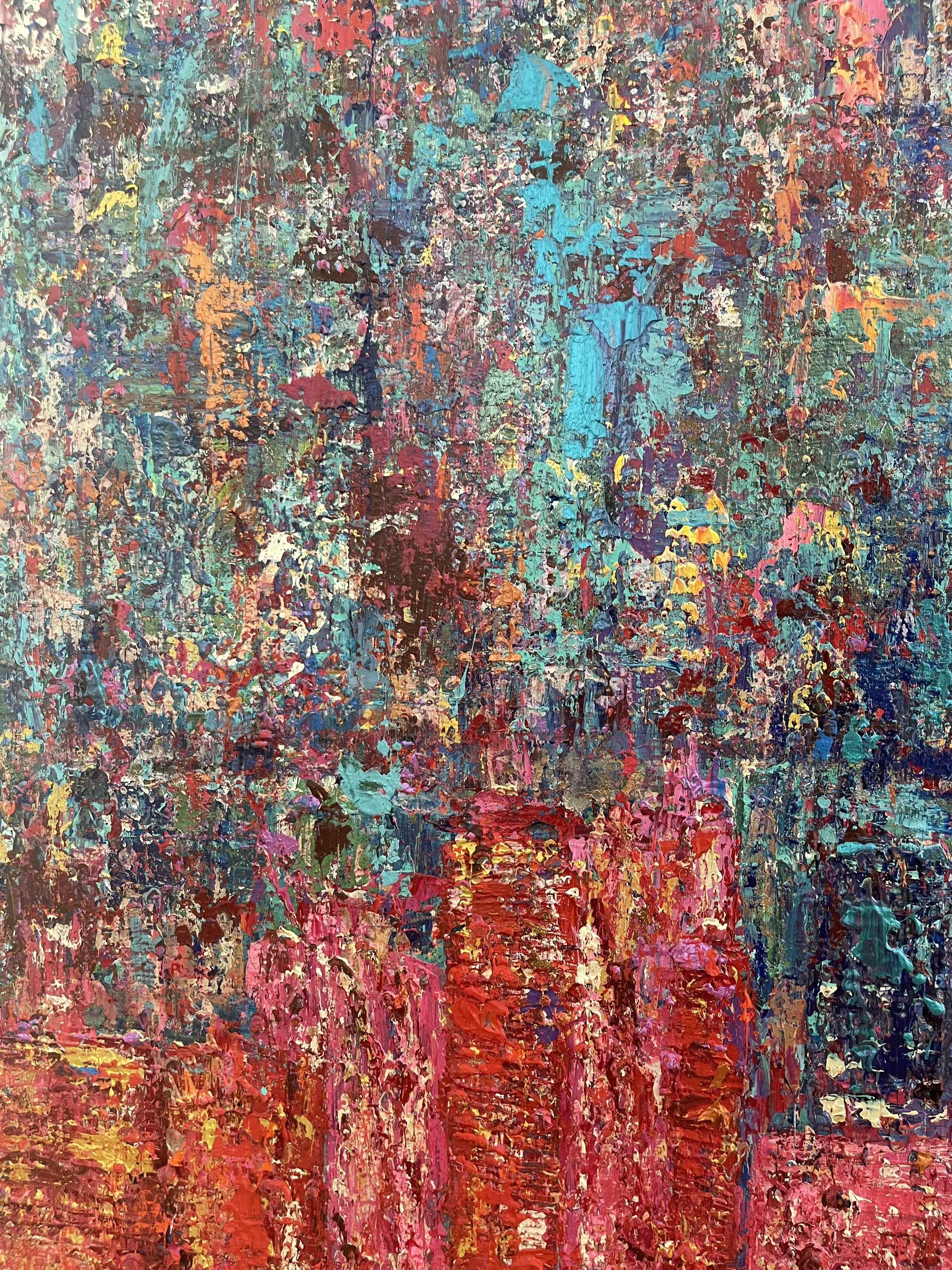 Abstract painting with vibrant colors, including pinks, reds, blues, and yellows, with textured brushstrokes creating a dynamic composition.