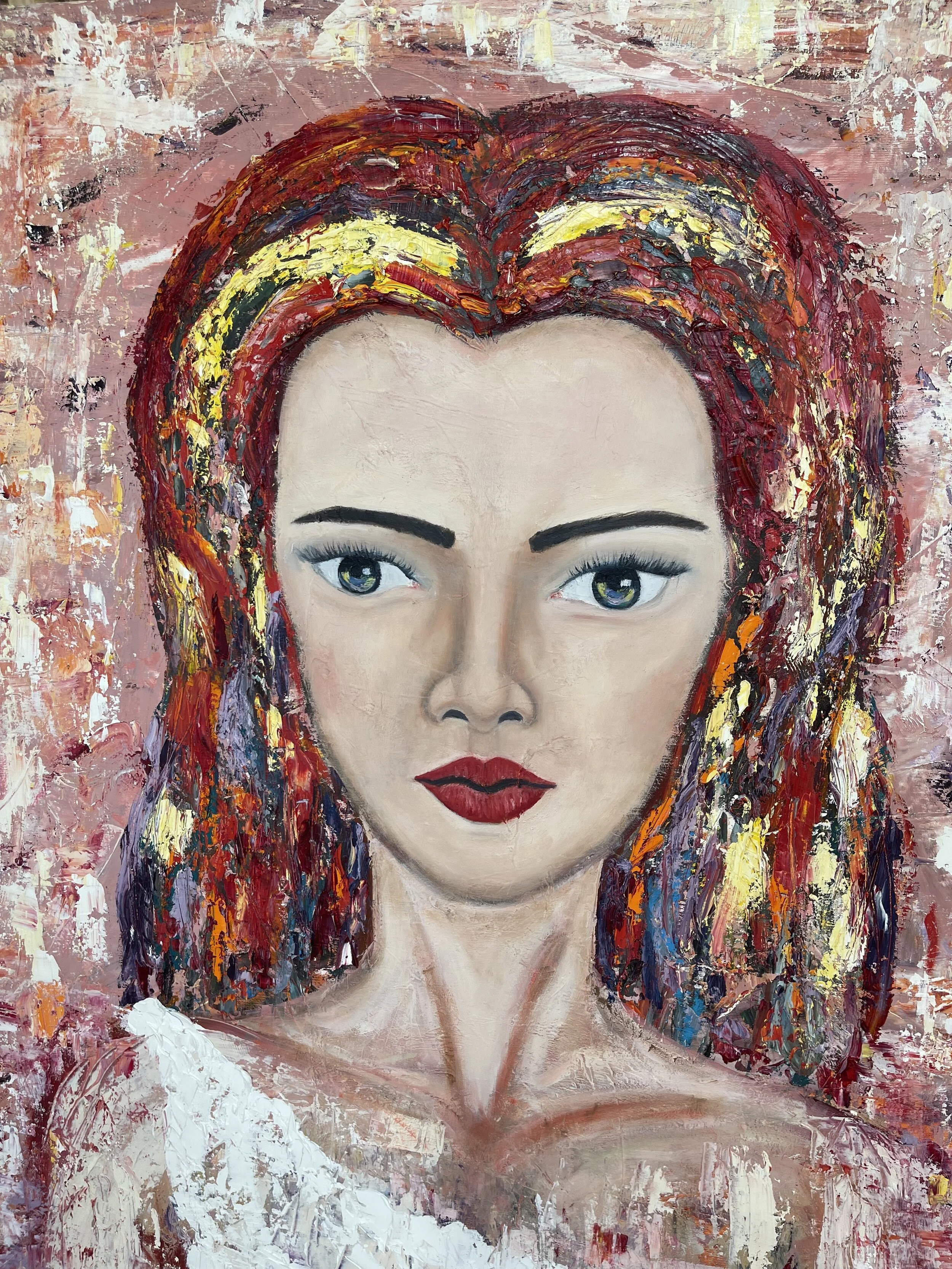 A colorful abstract portrait of a woman with long, multicolored hair, red lips, and intense eye makeup, painted in an expressive style.