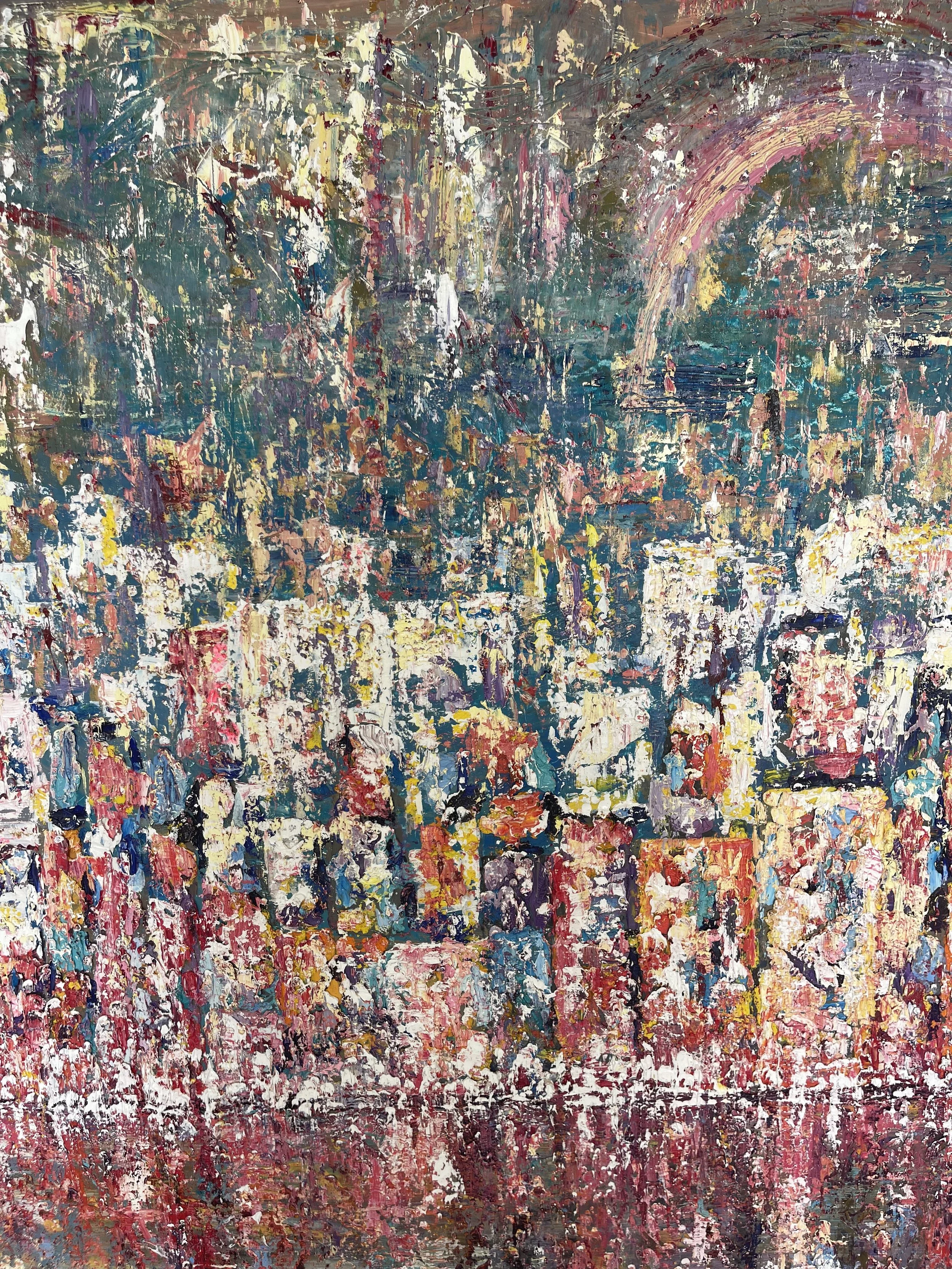 An abstract impressionist painting of a vibrant city skyline with colorful buildings, tall skyscrapers, and a rainbow over the city. The scene is textured and lively, with expressive brushstrokes.