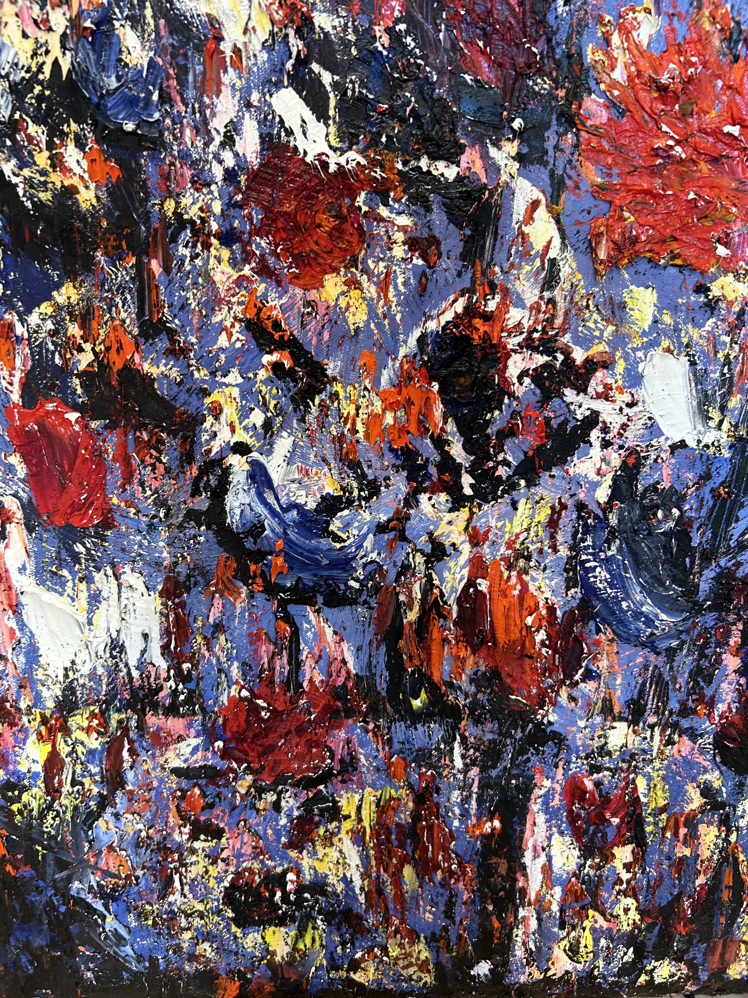 Abstract expressionist painting with thick, textured strokes of red, black, blue, yellow, white, and purple paint.